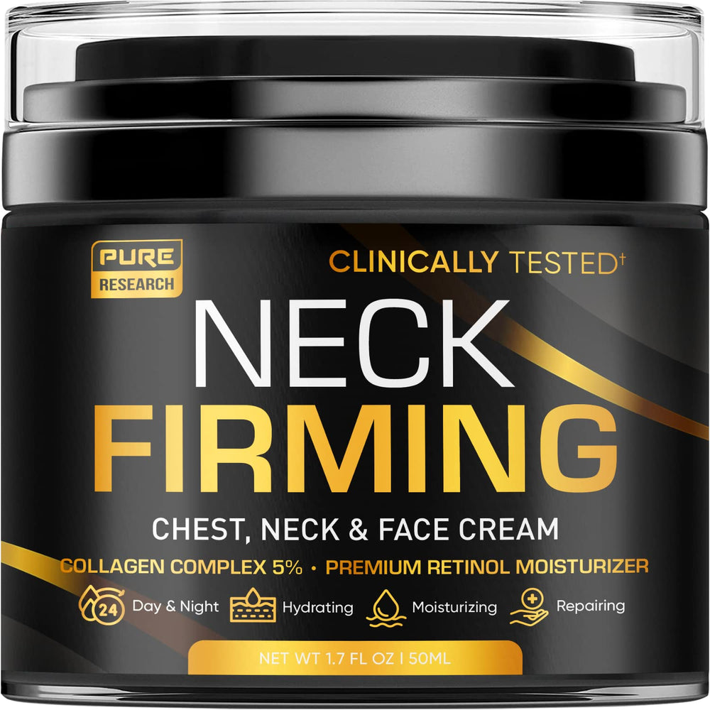 Pure Research Neck Firming Cream jar closeup highlighting rich hydration for the neck.
