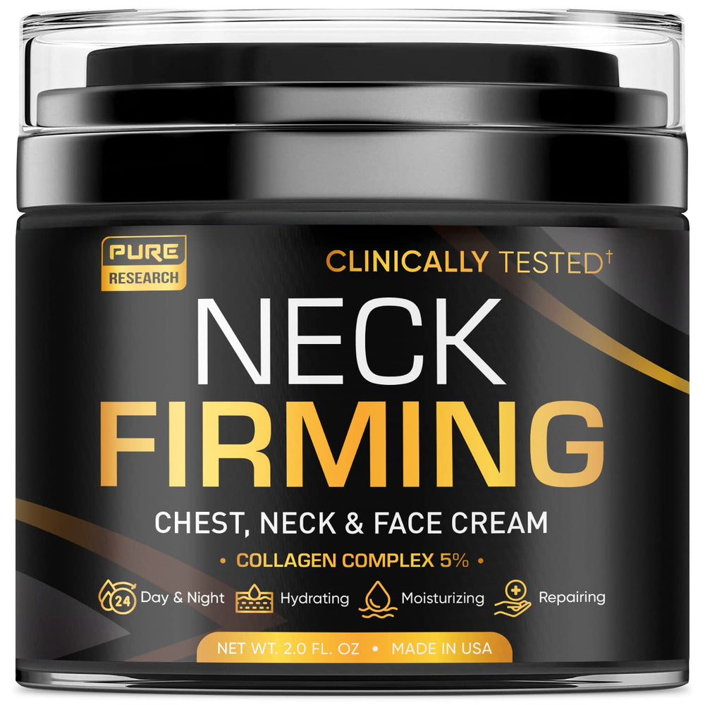 Pure Research Neck Firming Cream lifestyle-use image suggests day and night routine.