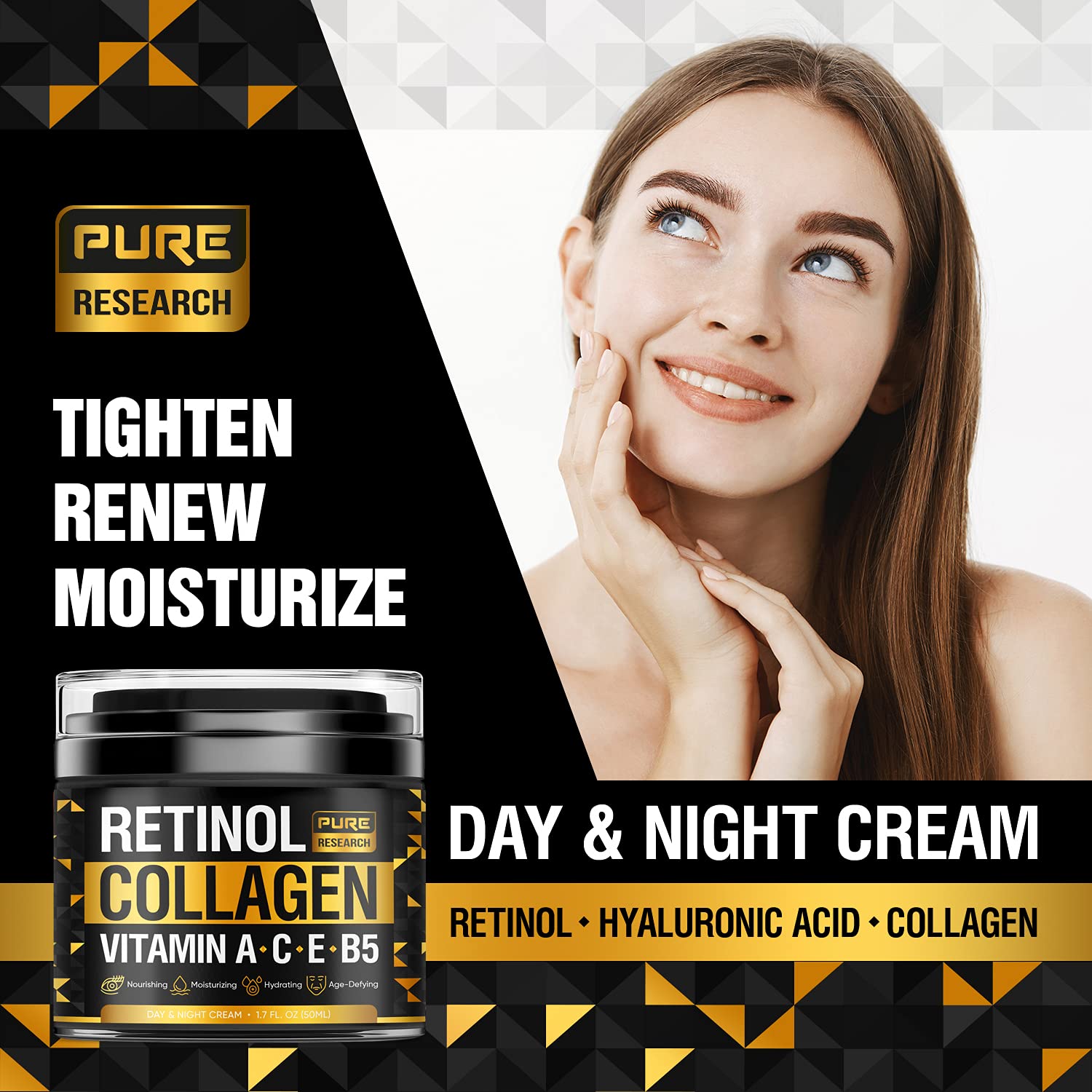 PURE RESEARCH packaging shows USA-made, cruelty-free quality and paraben-free formula.