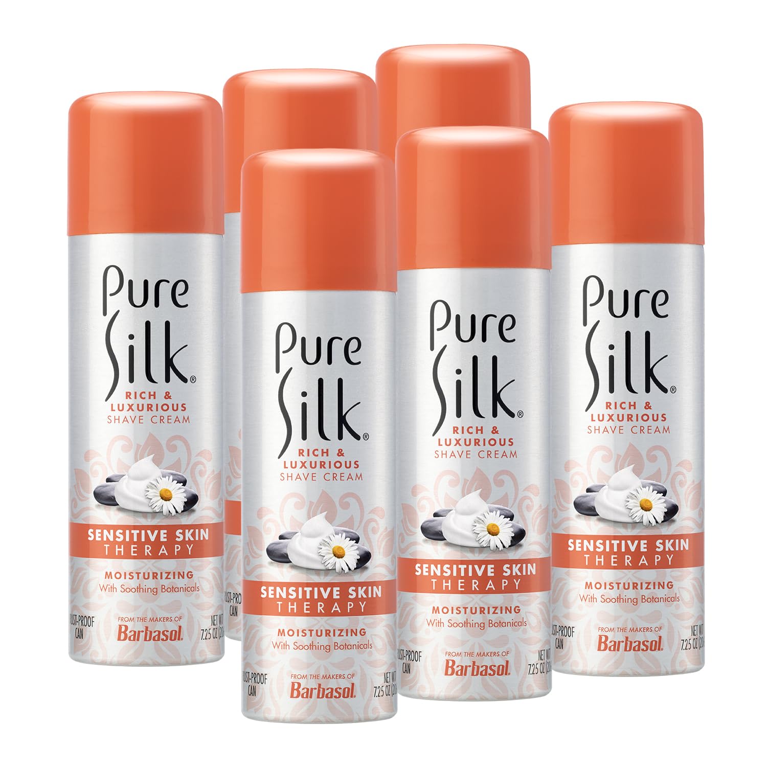 Pure Silk sensitive skin shave cream bottle—soothing formula for comfortable, irritation-free shaving.