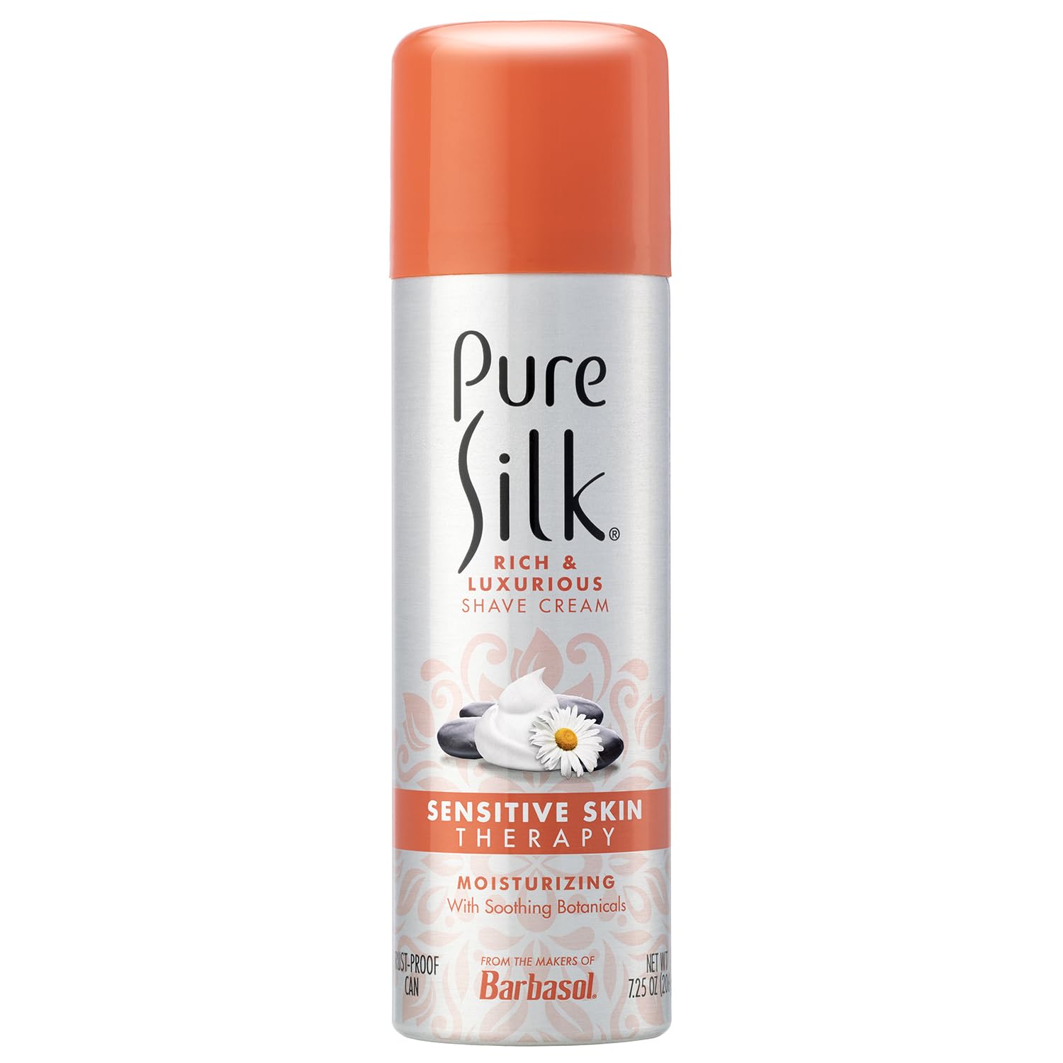 Pure Silk Sensitive Skin shave cream label—clear ingredients promote calm, irritation-free grooming.