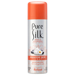 Pure Silk Sensitive Skin shave cream label—clear ingredients promote calm, irritation-free grooming.