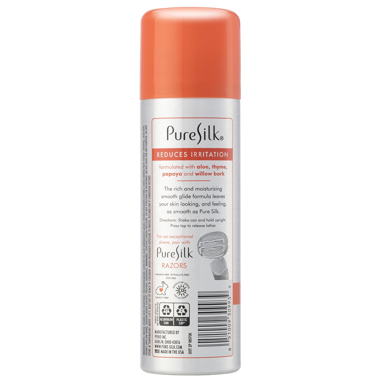 Pure Silk Sensitive Skin shave cream lid—easy-to-grip cap for controlled, smooth application.