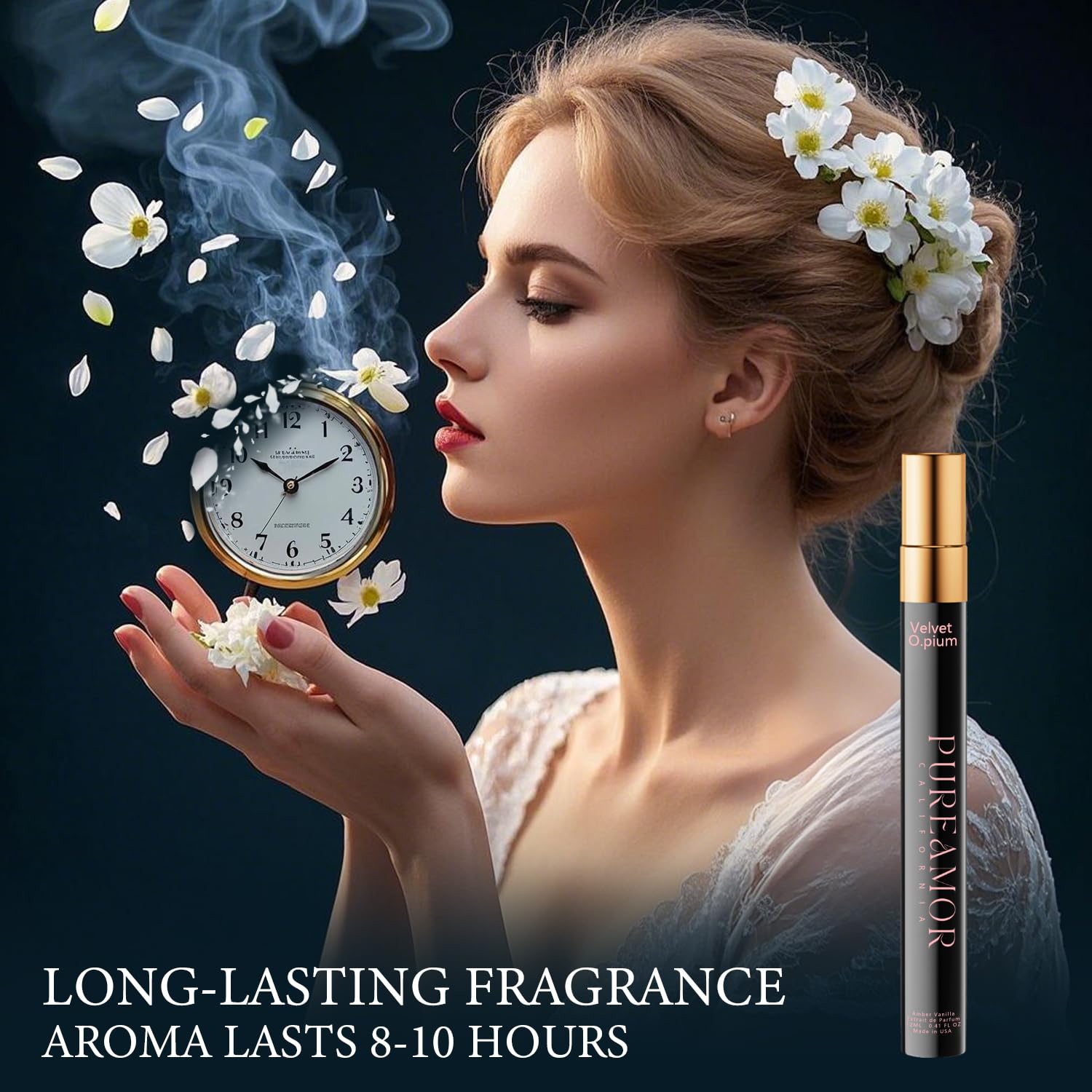 PUREAMOR amber-vanilla bottle cap details emphasize warm base notes