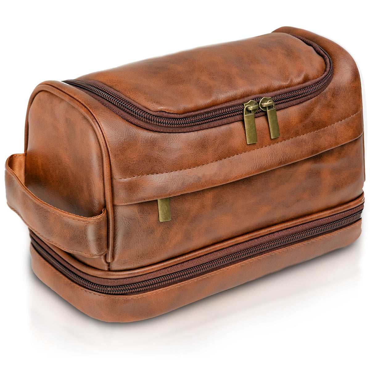 PUREFLY Toiletry Bag leather close-up highlights premium craftsmanship for durable travel days.