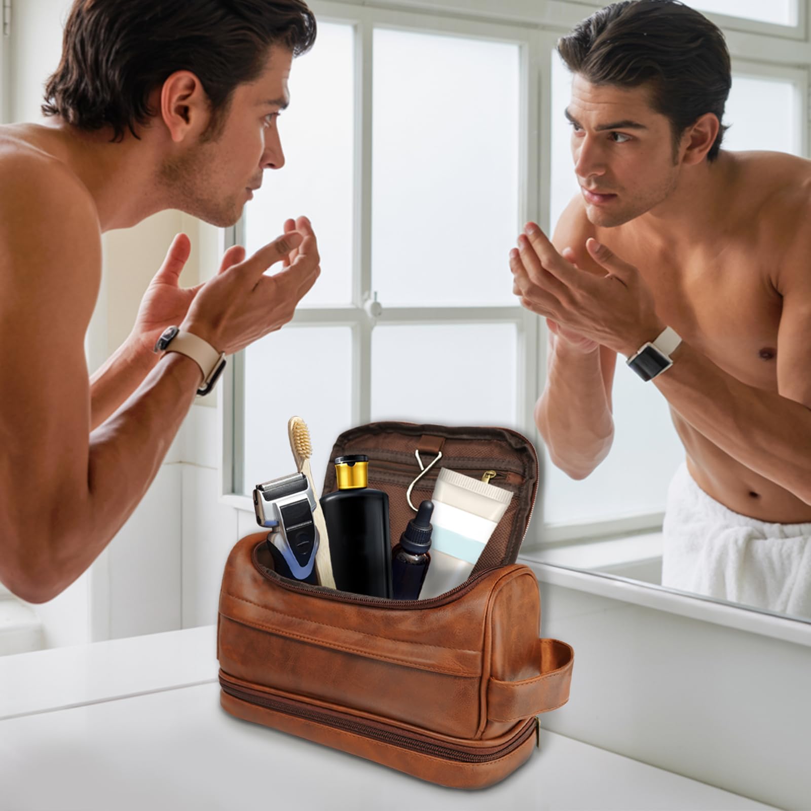 PUREFLY Toiletry Bag leather open compartments reveals smart storage for cosmetics and toiletries.