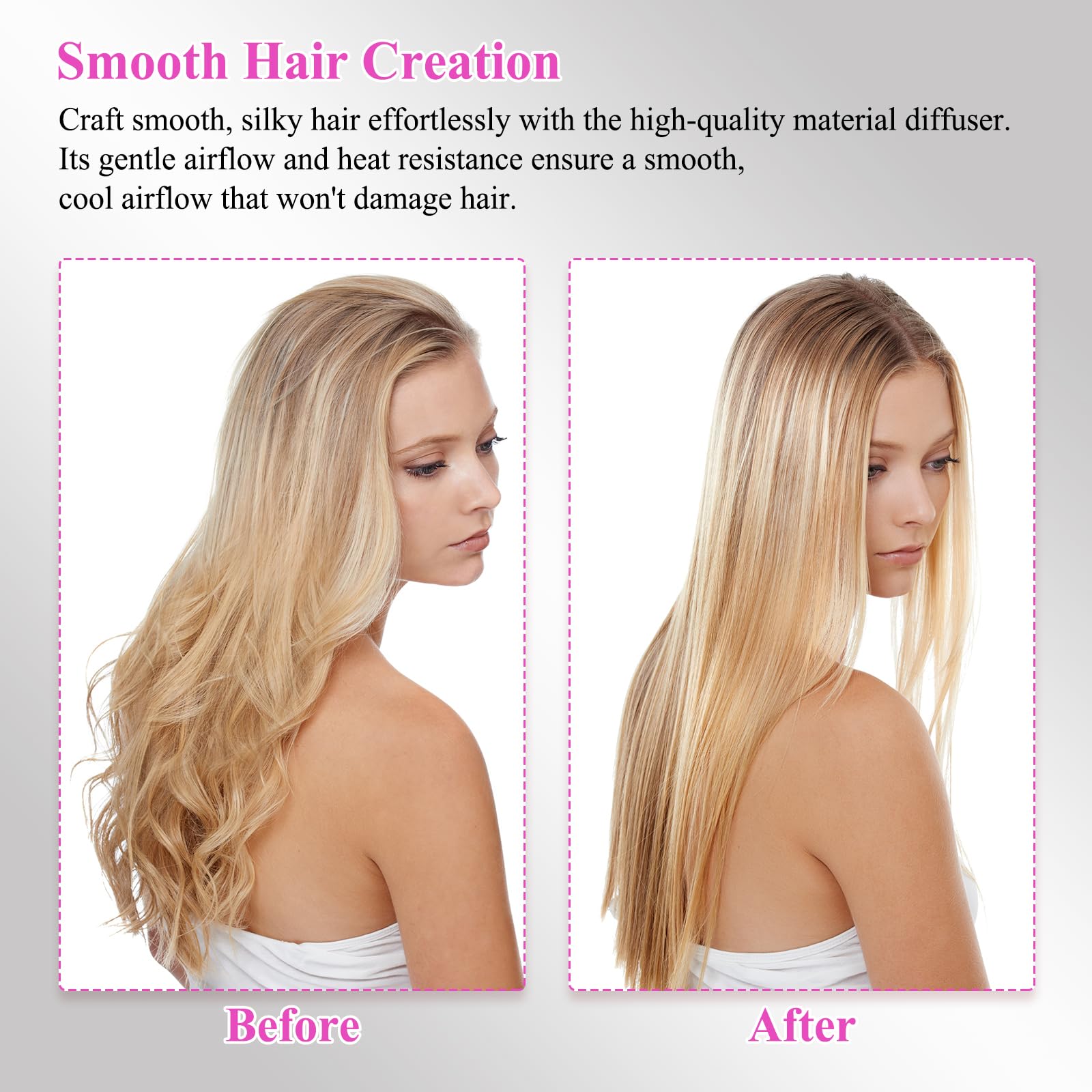 PureGUST concentrator-diffuser close-up reveals smooth, gentle airflow for hair-friendly styling.