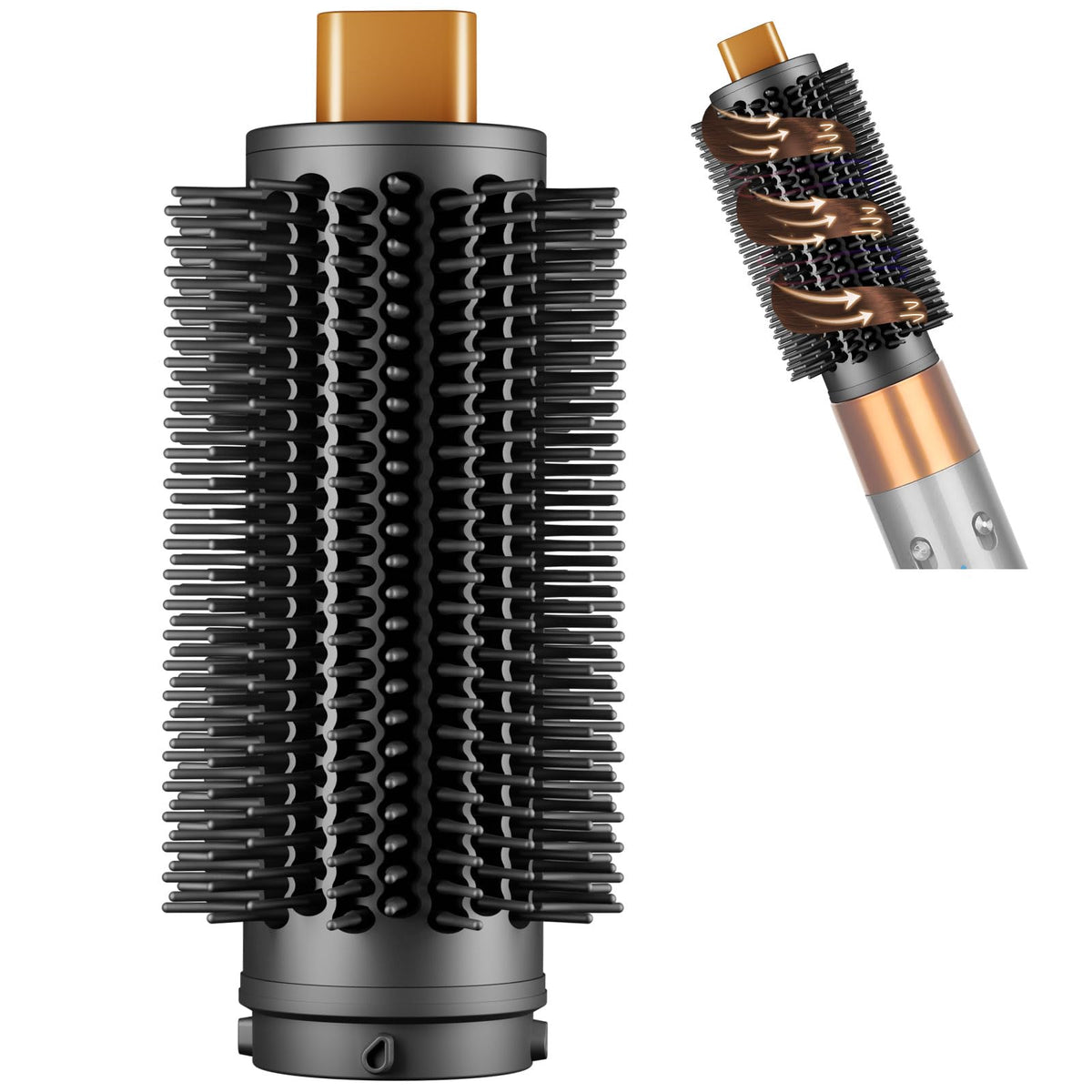 PUREGUST Dyson Airwrap round brush attachment close-up with upgraded bristles for smooth frizz control.