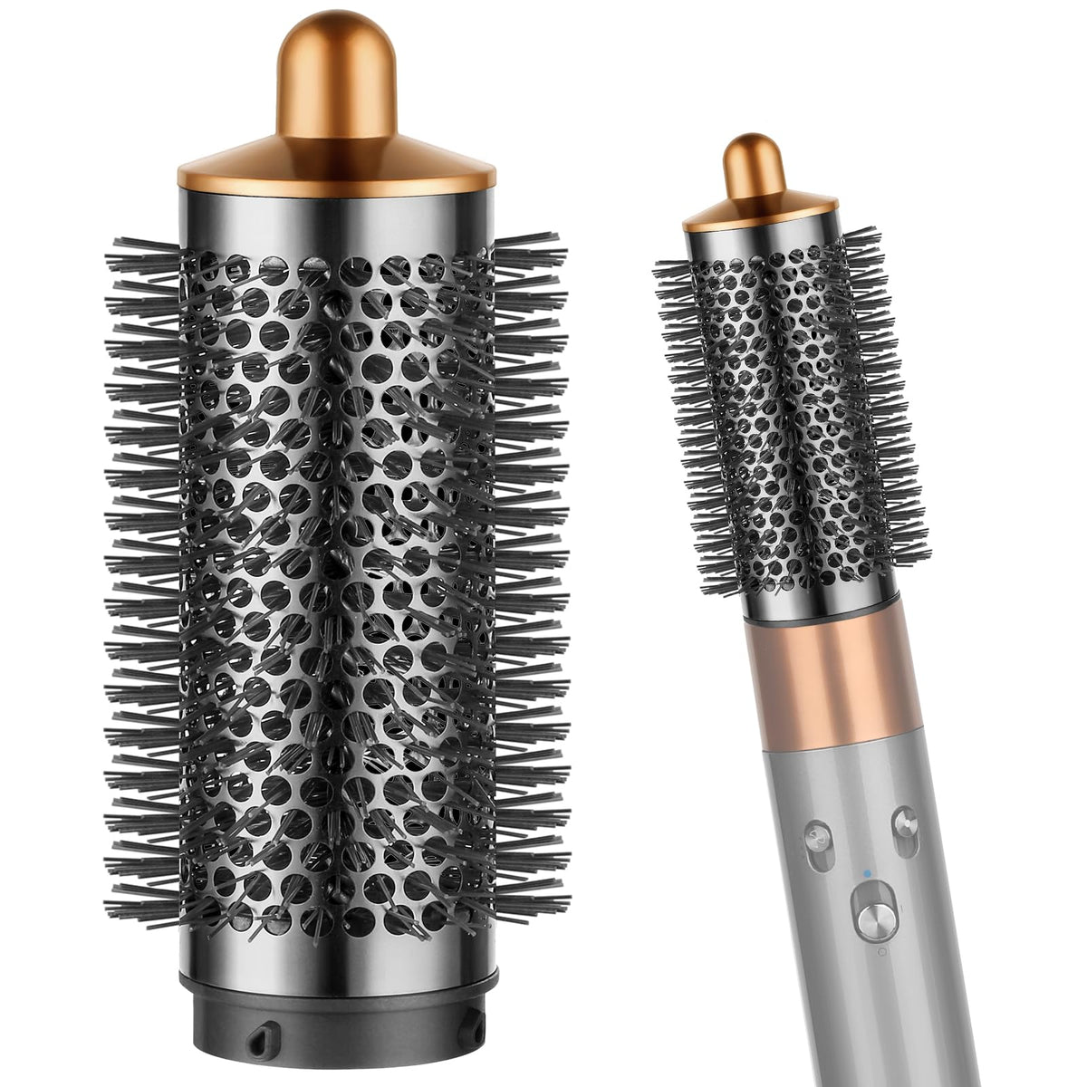 PUREGUST round brush attachment in gold demonstrates Dyson Airwrap compatibility for voluminous styling.