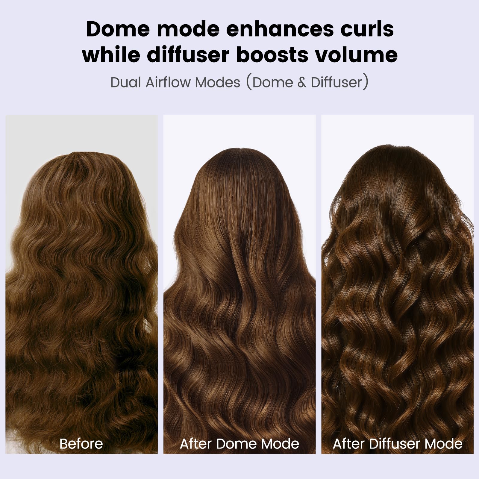 PureGUST Wave mode diffuser on Dyson Airwrap highlighting enhanced curl definition and bounce.