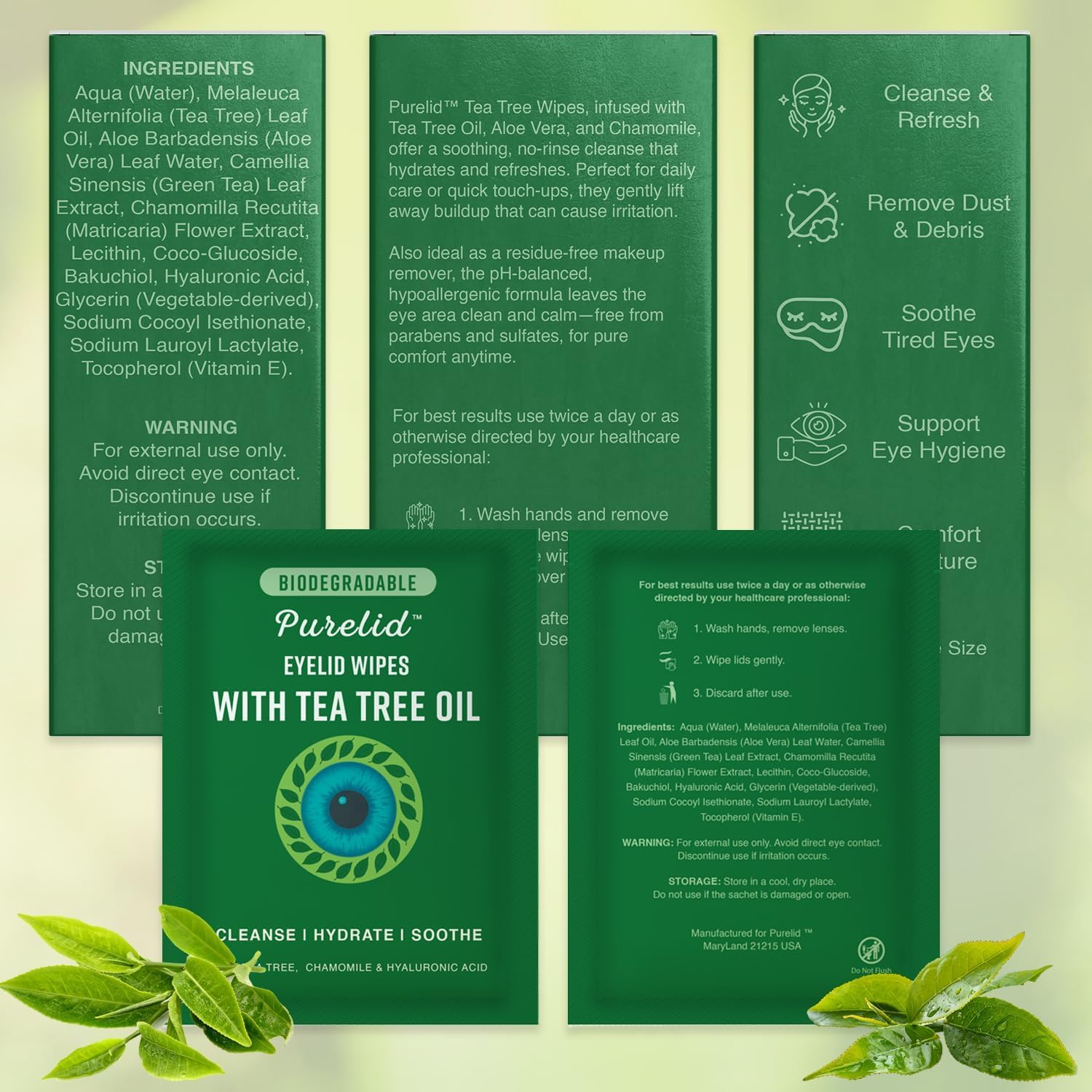 Purelid biodegradable packaging emphasizes eco-friendly eye care with compostable wipes.