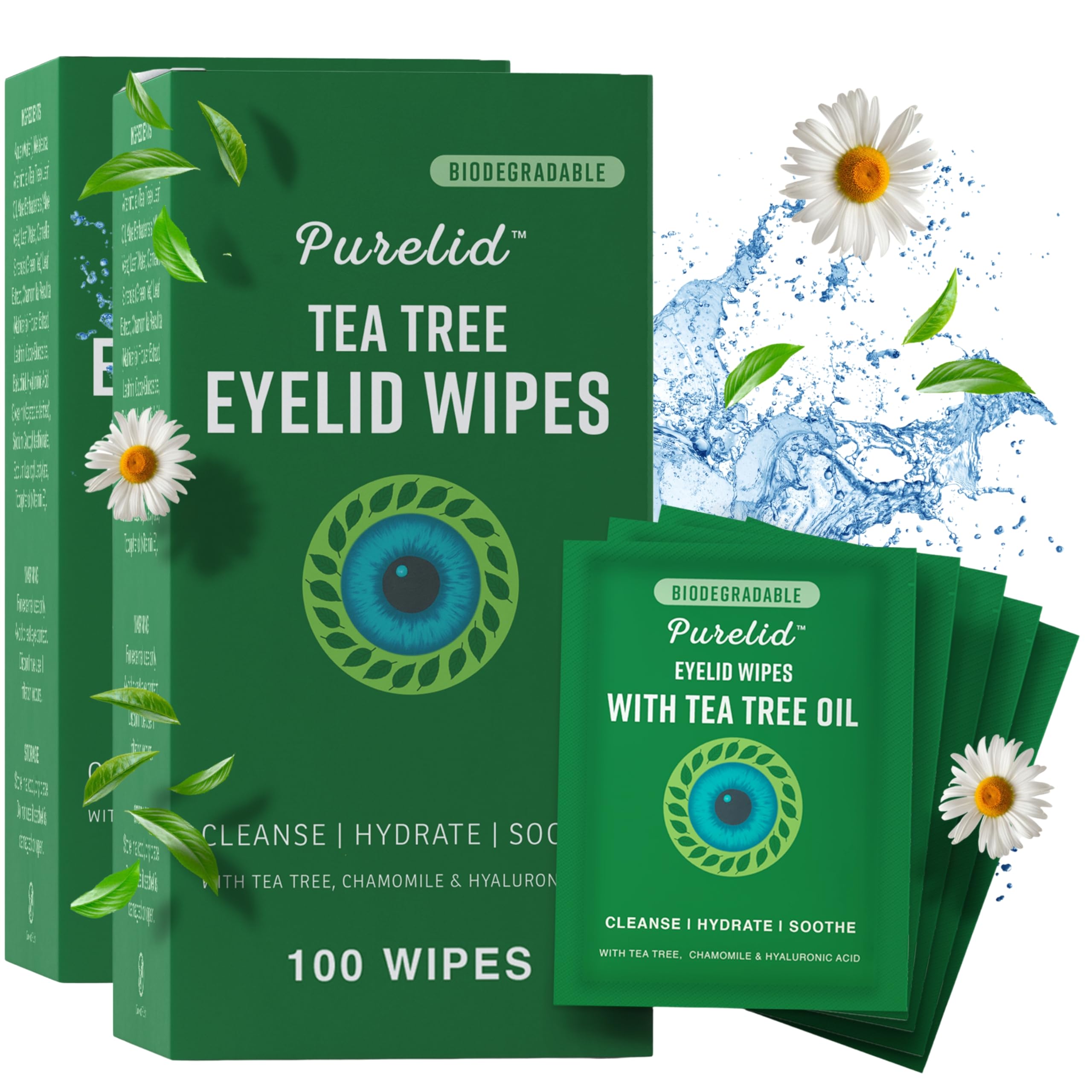 Purelid tea tree eyelid wipes packaging for travel-ready lid hygiene.