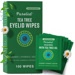 PureLID Tea Tree Eyelid Wipes packaging enables easy travel eye cleansing.