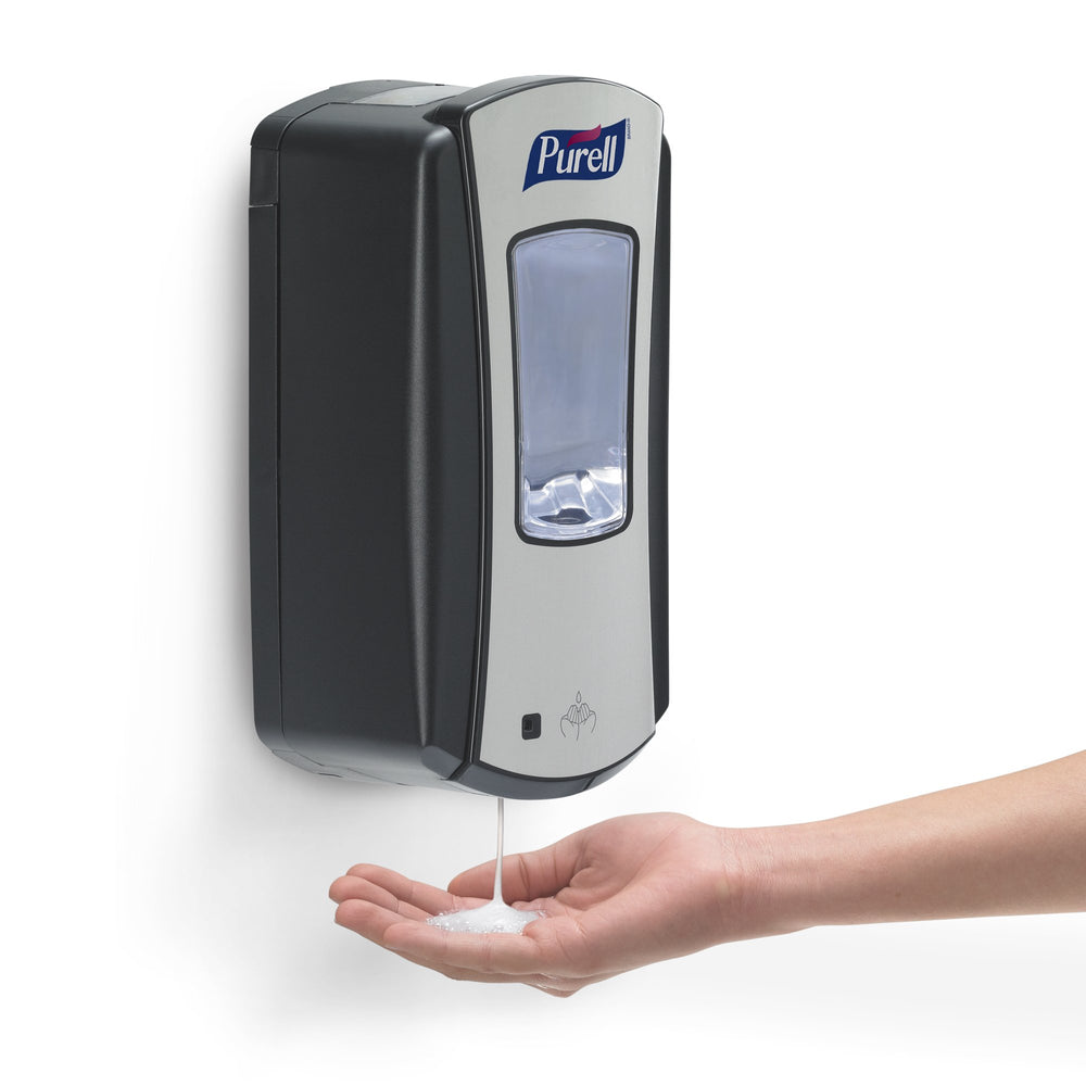 Purell LTX-12 dispensing action demonstrates hands-free operation for high-traffic areas.