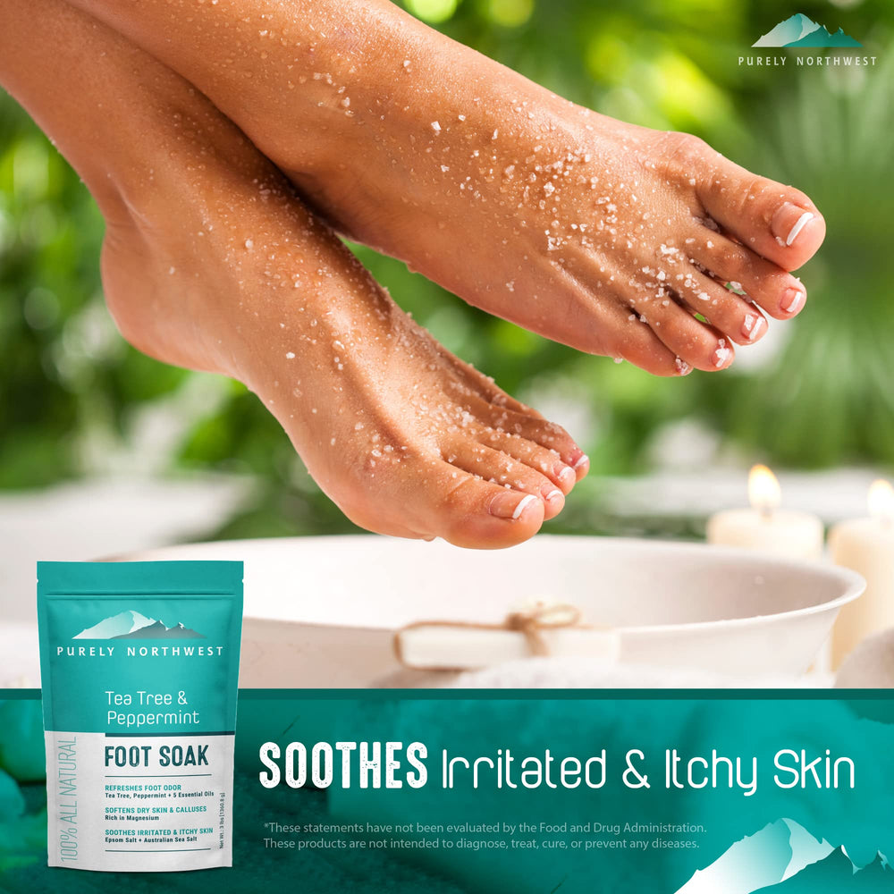 Purely Northwest foot soak relaxation therapy suggests a spa-like ritual for tired feet.