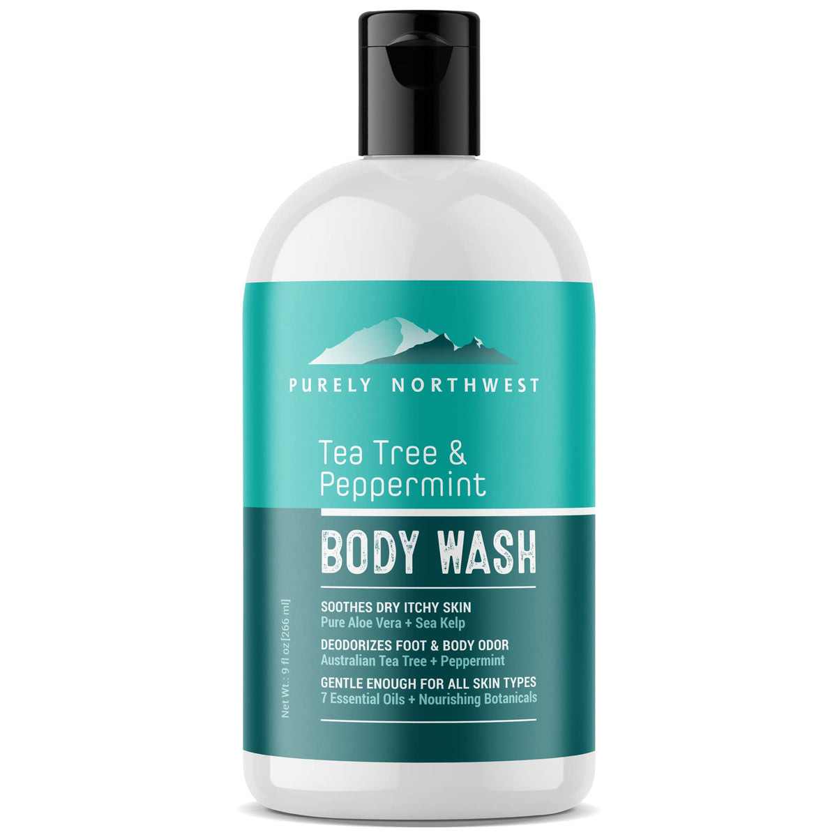 Purely Northwest Tea Tree Body Wash bottle pour for a refreshing cleanse after workouts
