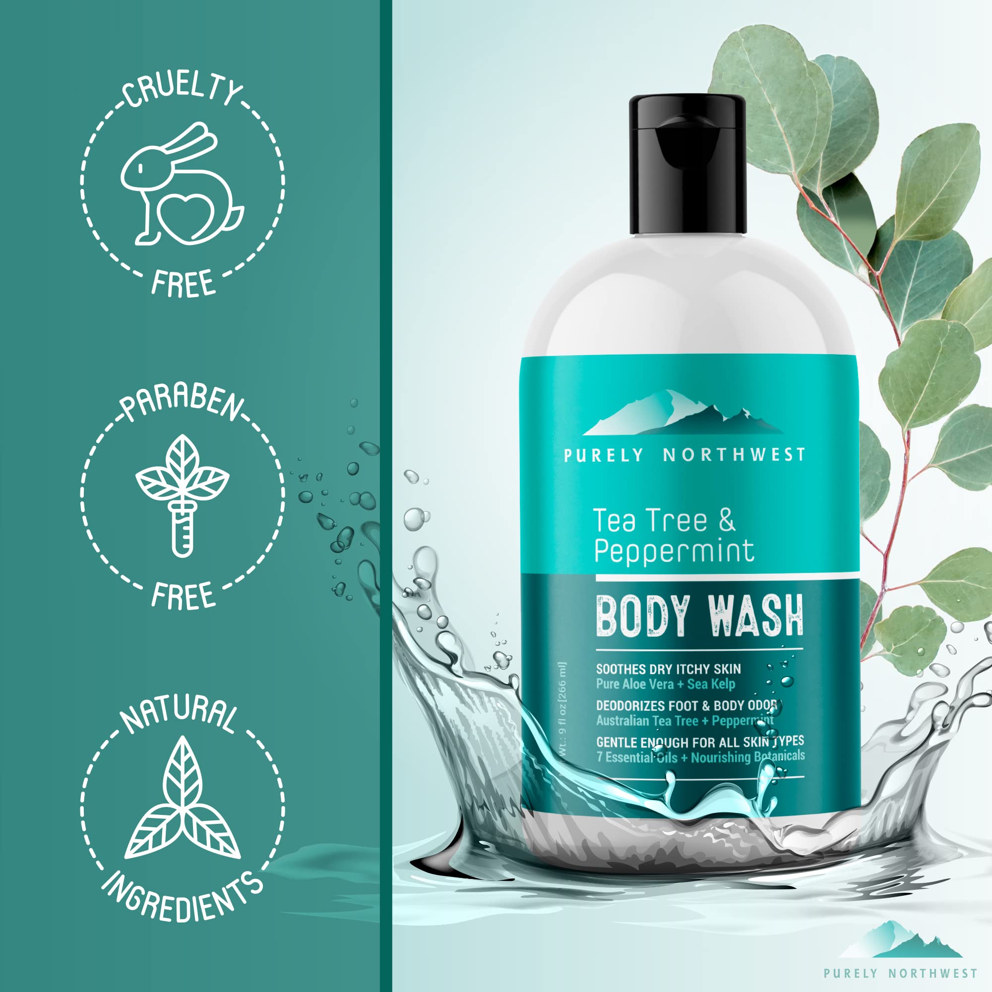 Purely Northwest Tea Tree Wash packaging shot highlighting natural ingredients