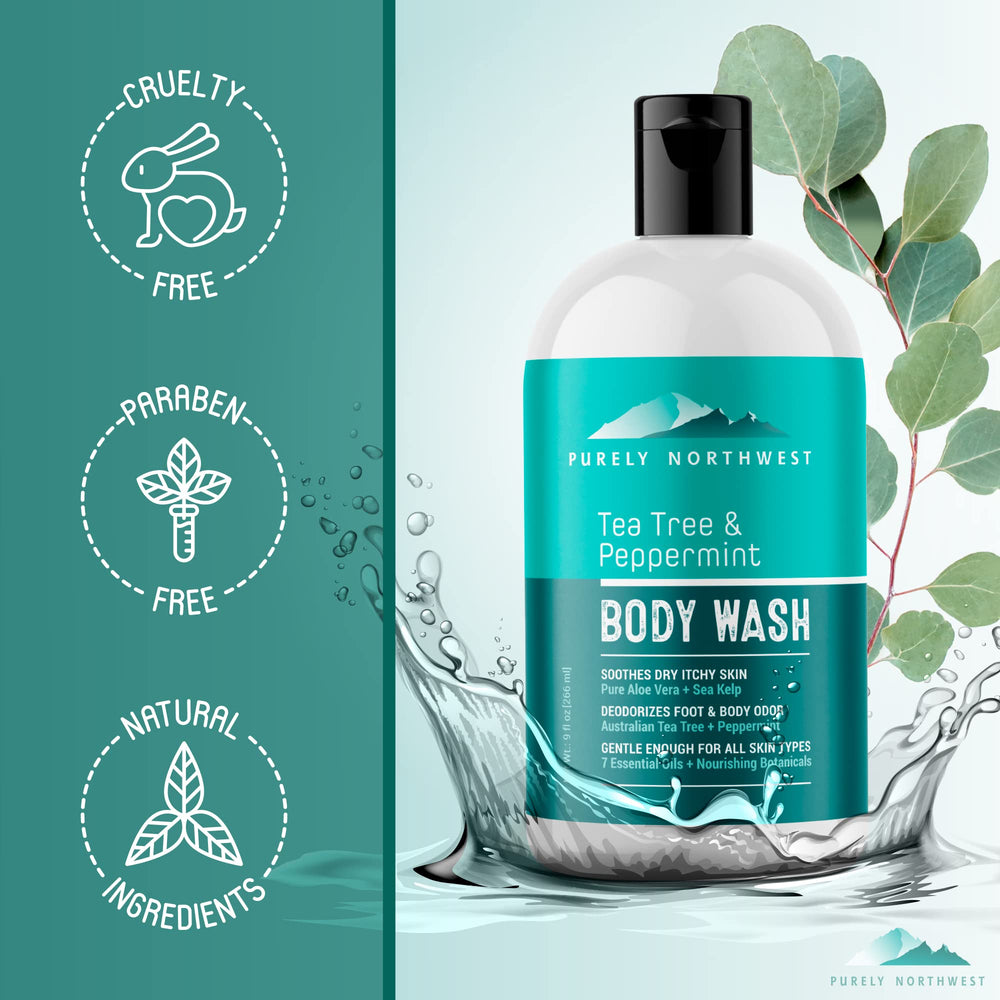 Purely Northwest Tea Tree Wash packaging shot highlighting natural ingredients
