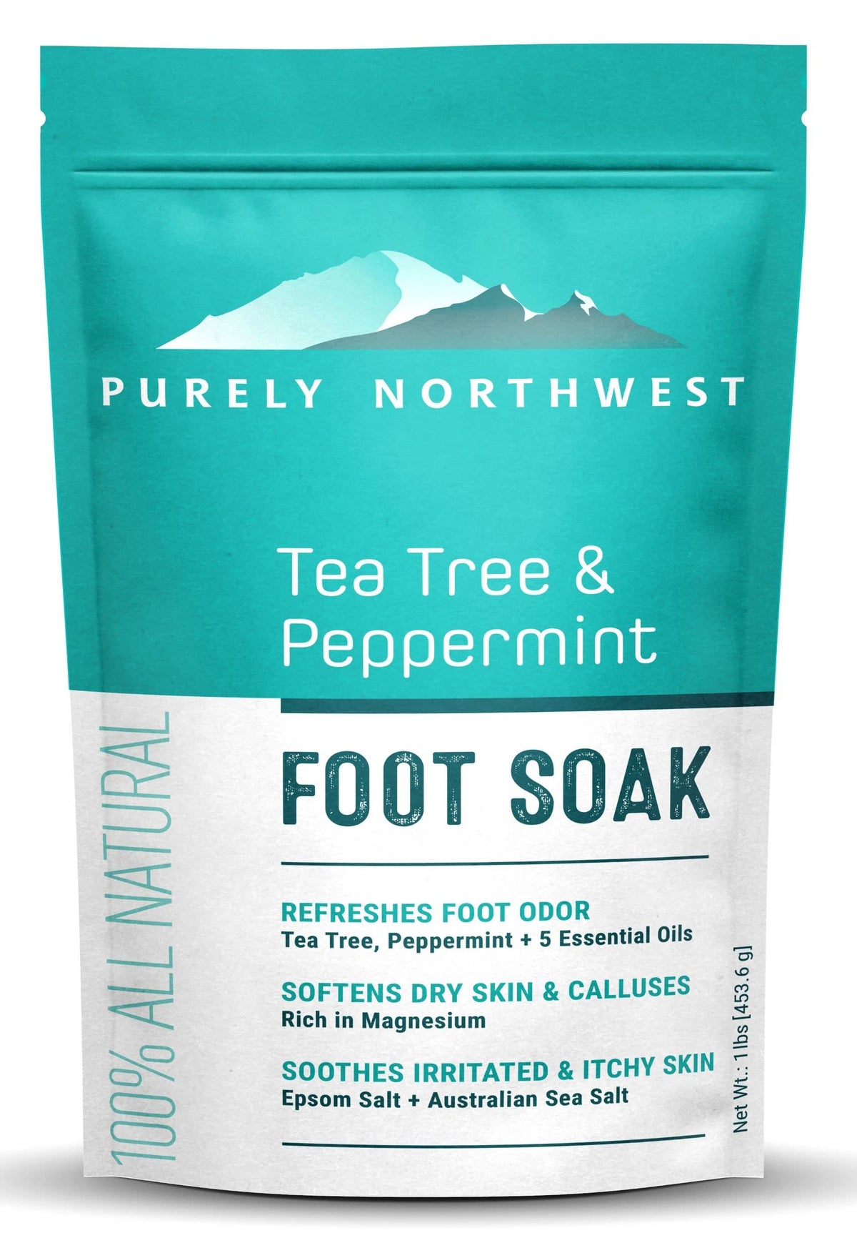 Purely Northwest tea tree foot soak bottle promotes refreshed feet with natural essential oils