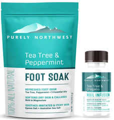Purely Northwest Tea Tree Oil Foot Soak bottle on display promoting calming foot care