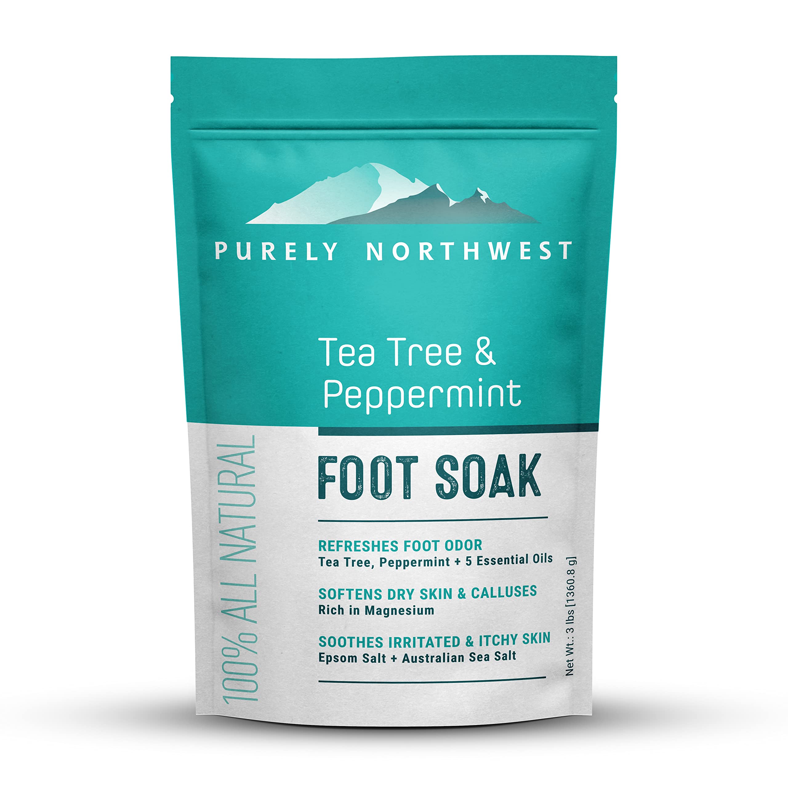 Purely Northwest Tea Tree Peppermint Foot Soak bottle promotes soothing relief for tired feet.