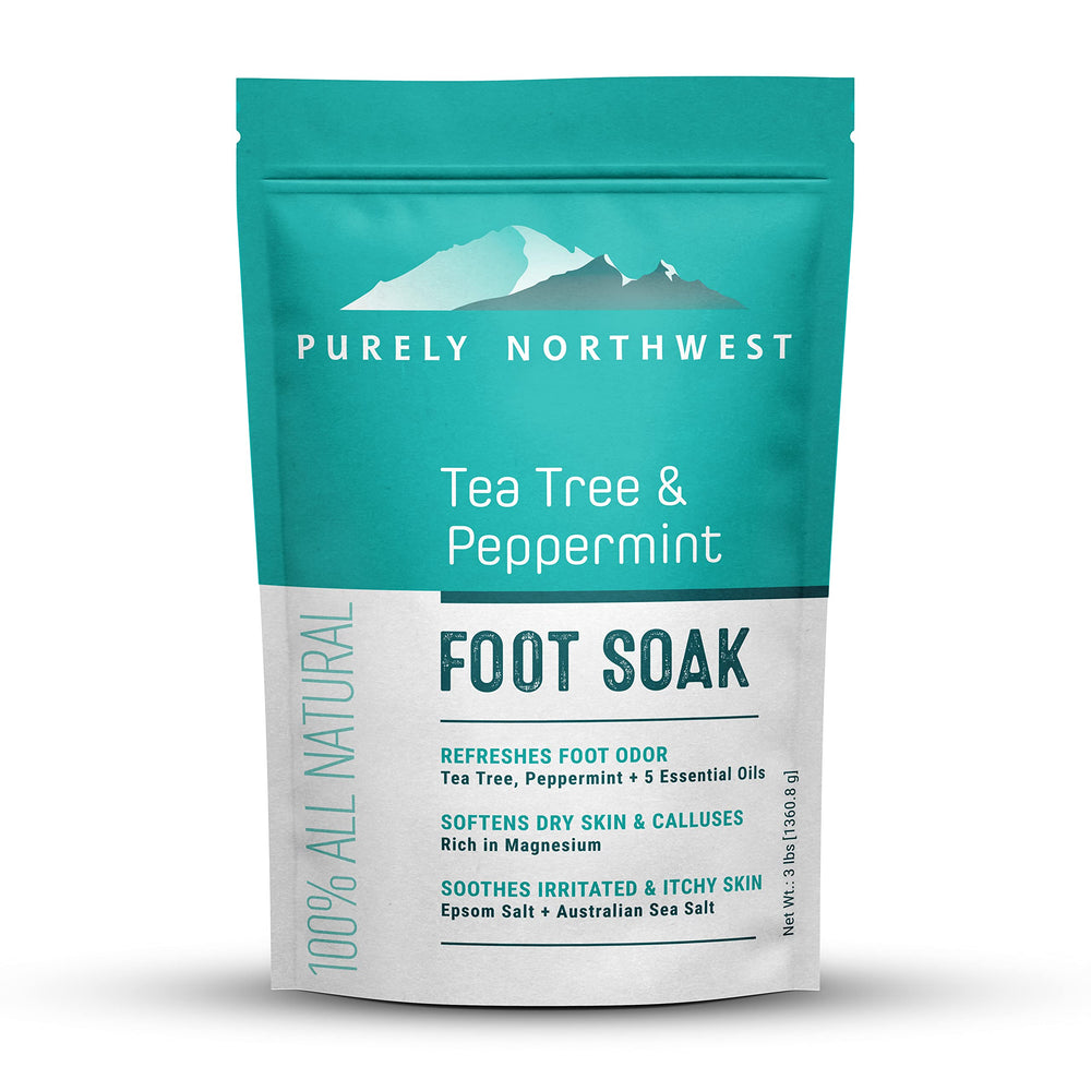 Purely Northwest Tea Tree Peppermint Foot Soak bottle promotes soothing relief for tired feet.