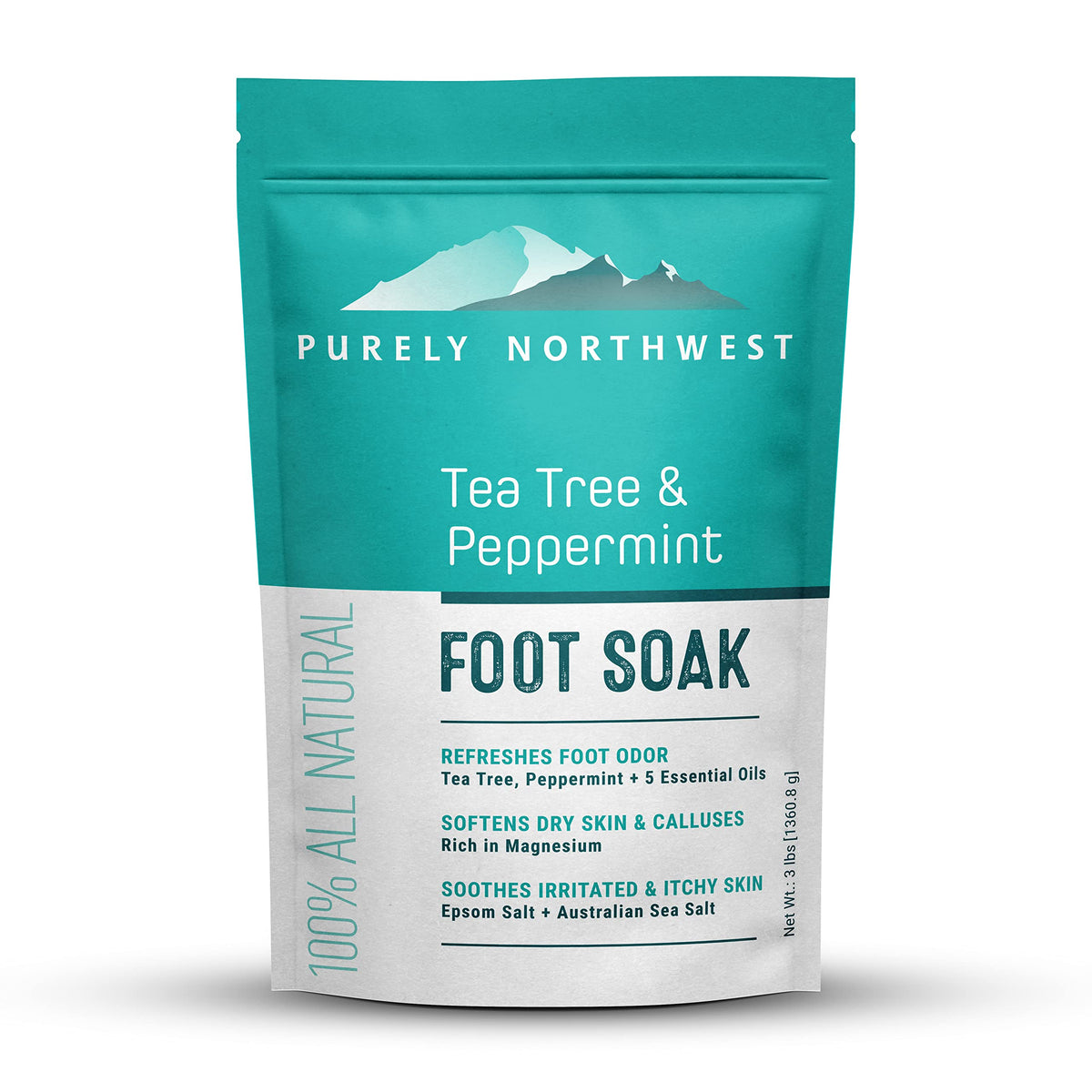 Purely Northwest Tea Tree Peppermint Foot Soak bottle promotes soothing relief for tired feet.