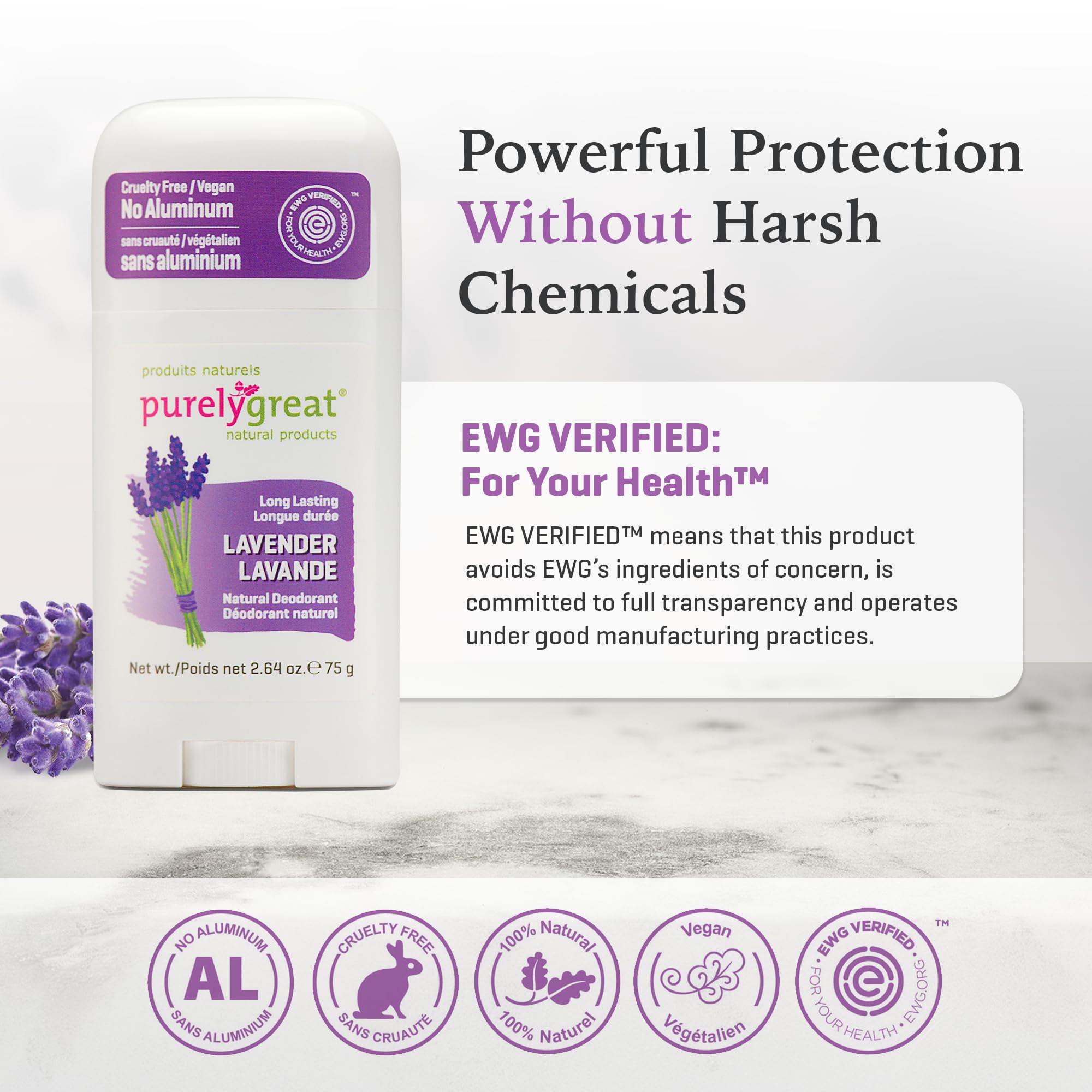 Purelygreat lavender deodorant stick during application demonstrates smooth glide and odor protection.
