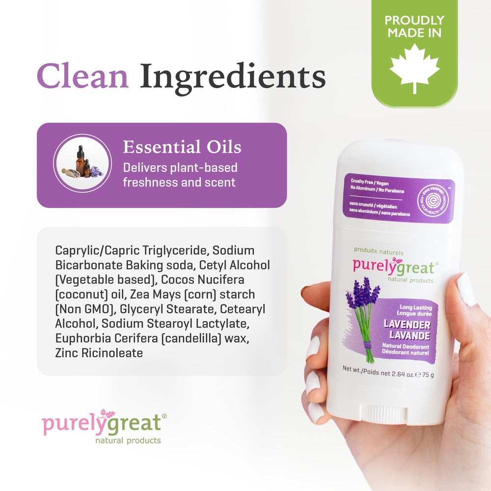 Purelygreat lavender deodorant stick for family use indicates universal freshness for all.