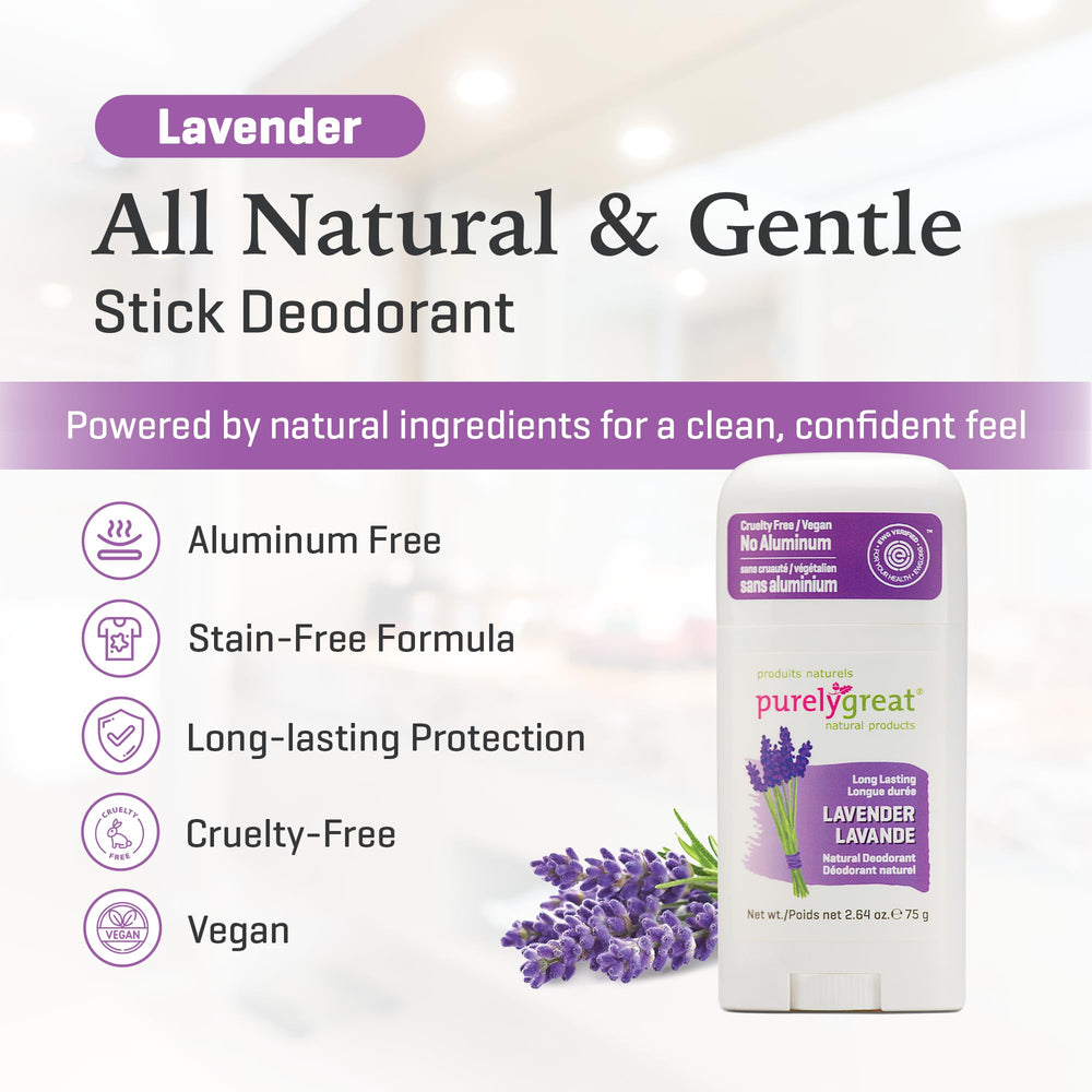 Purelygreat lavender deodorant stick in hand ready for on-the-go use.