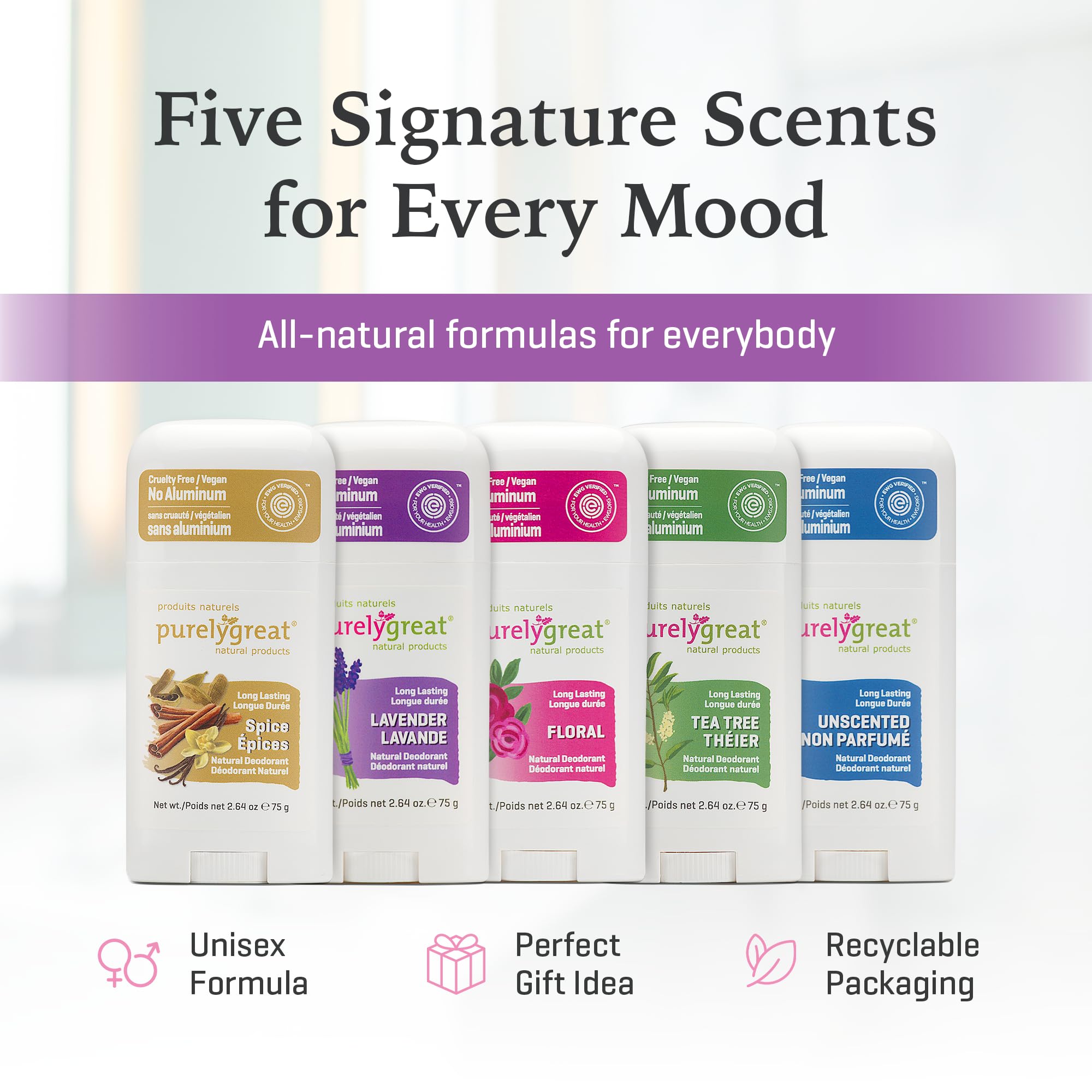 Purelygreat lavender deodorant stick packaging box emphasizes value and size.