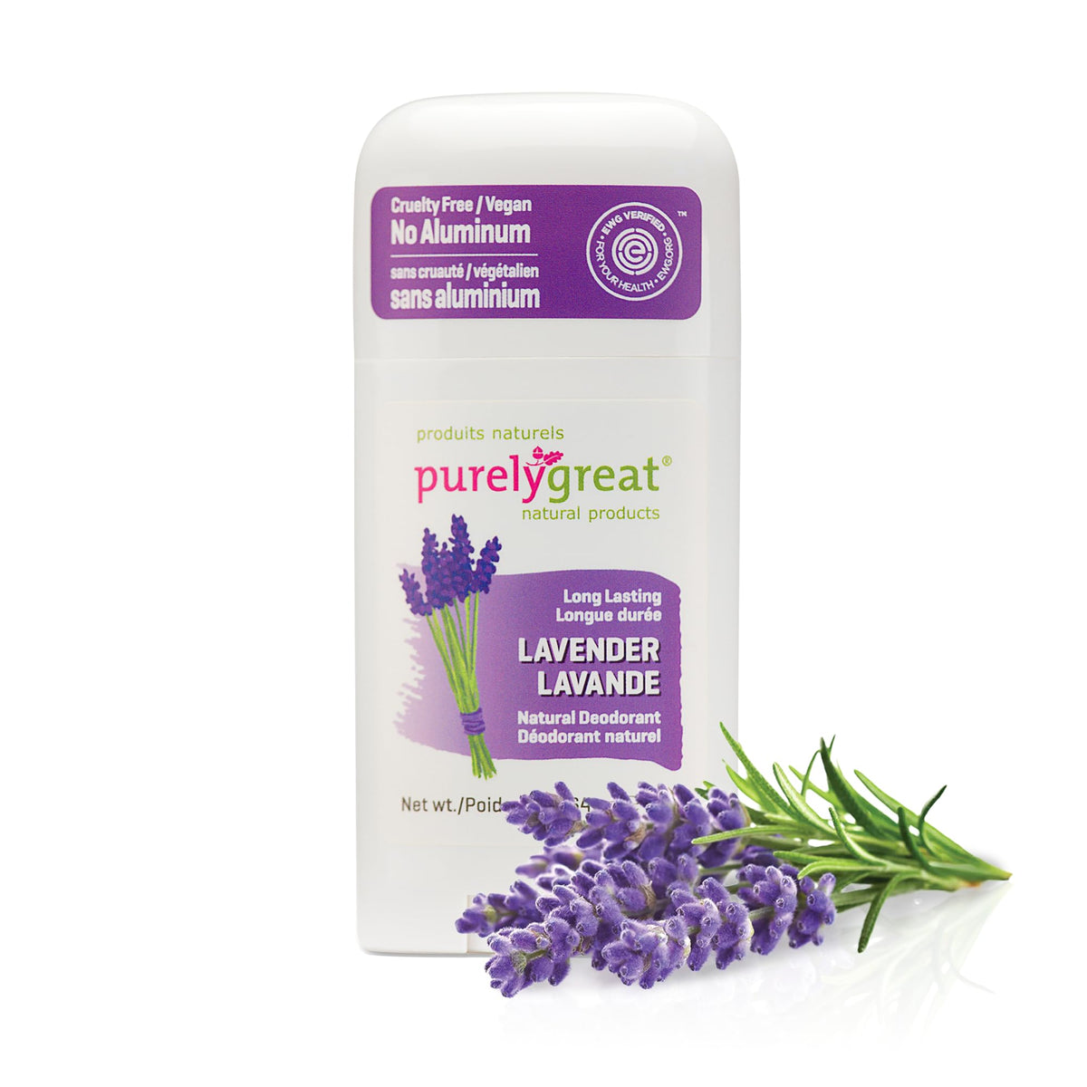 Purelygreat lavender deodorant stick packaging shows travel-friendly design for daily freshness.