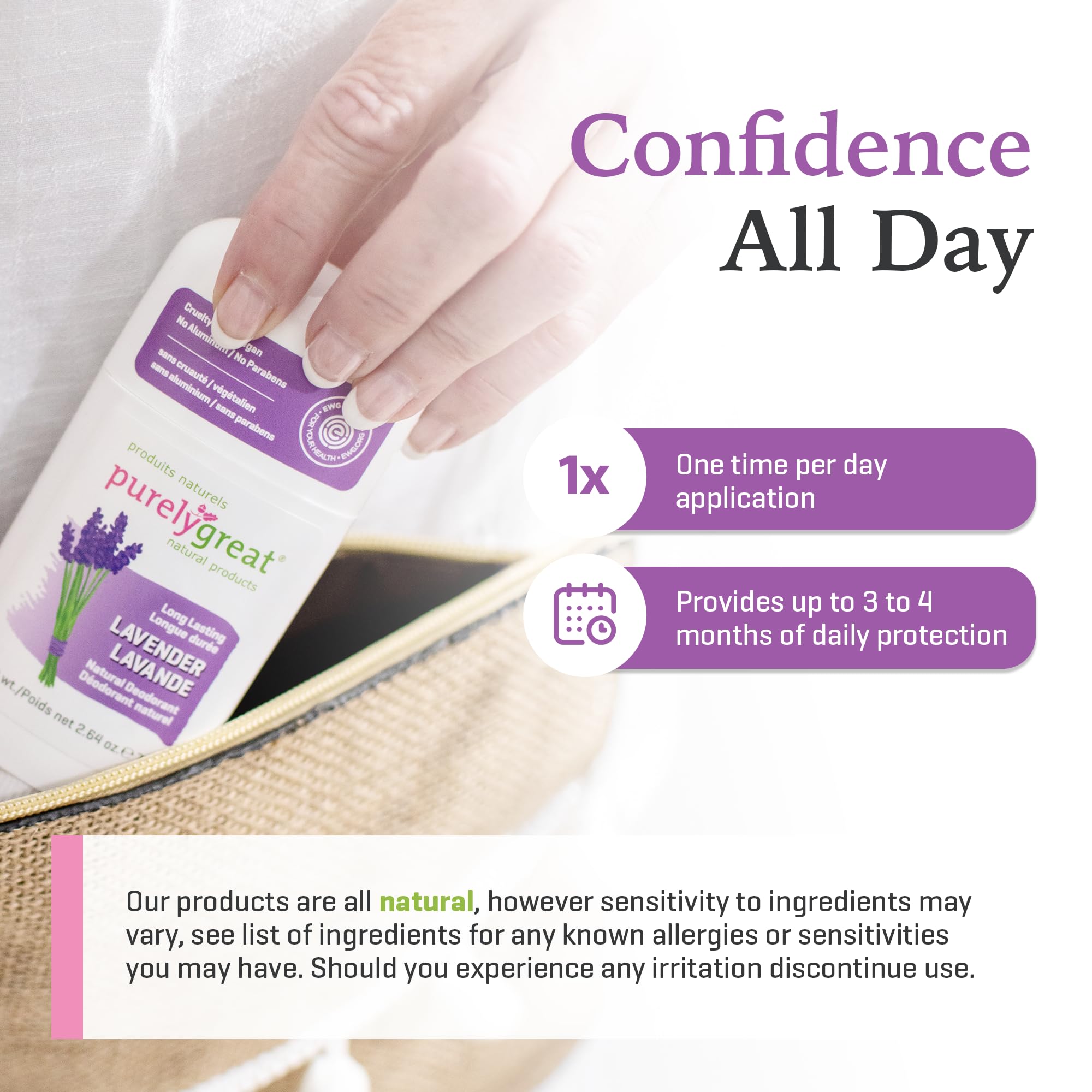 Purelygreat lavender deodorant stick travel-size noted for easy trips and portability.