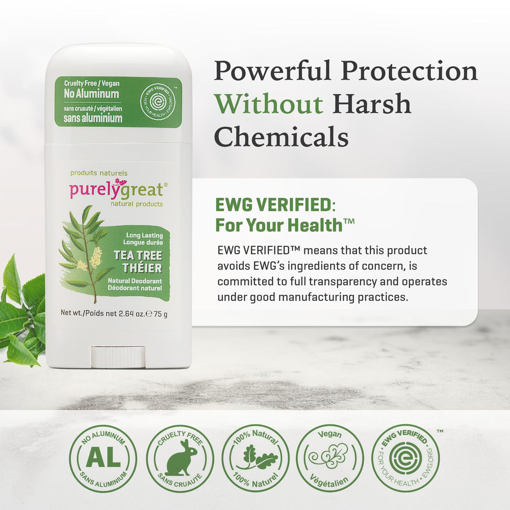 Purelygreat Tea Tree Deodorant Stick label highlights aluminum-free formula and vegan ingredients.