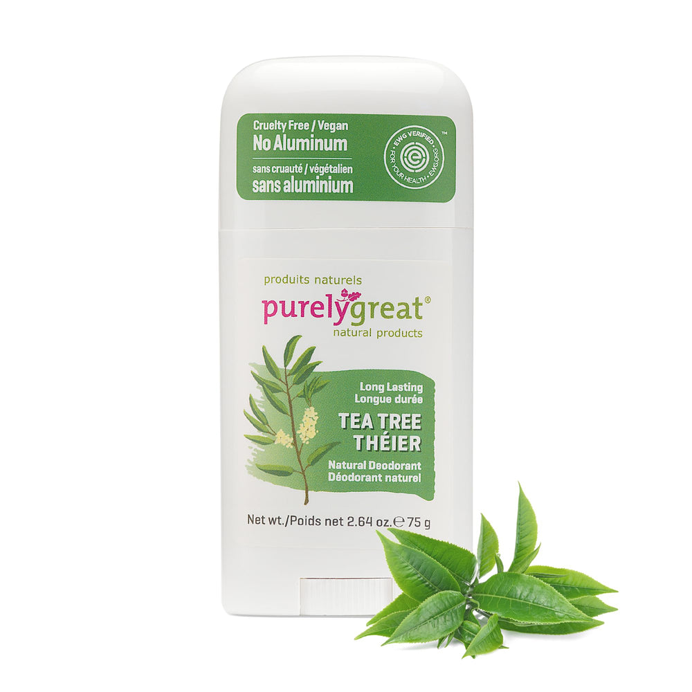Purelygreat Tea Tree Deodorant Stick packaging shows eco-friendly design for daily freshness.
