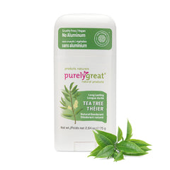 Purelygreat Tea Tree Deodorant Stick packaging shows eco-friendly design for daily freshness.