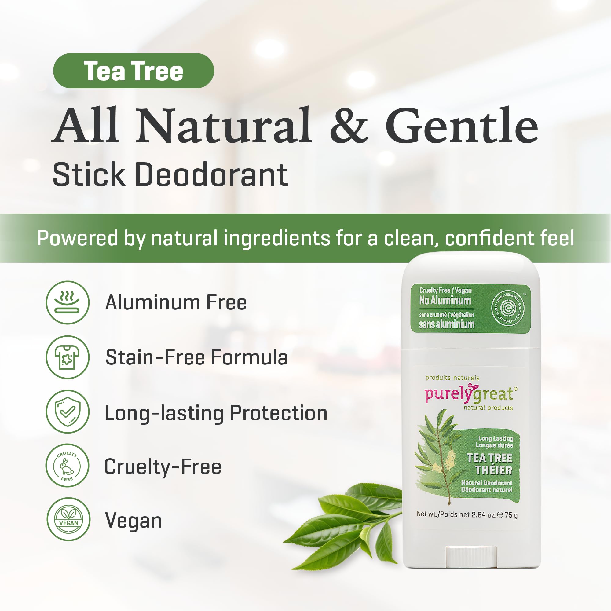 Purelygreat Tea Tree scent close-up conveys fresh, woodland aroma for everyday confidence.