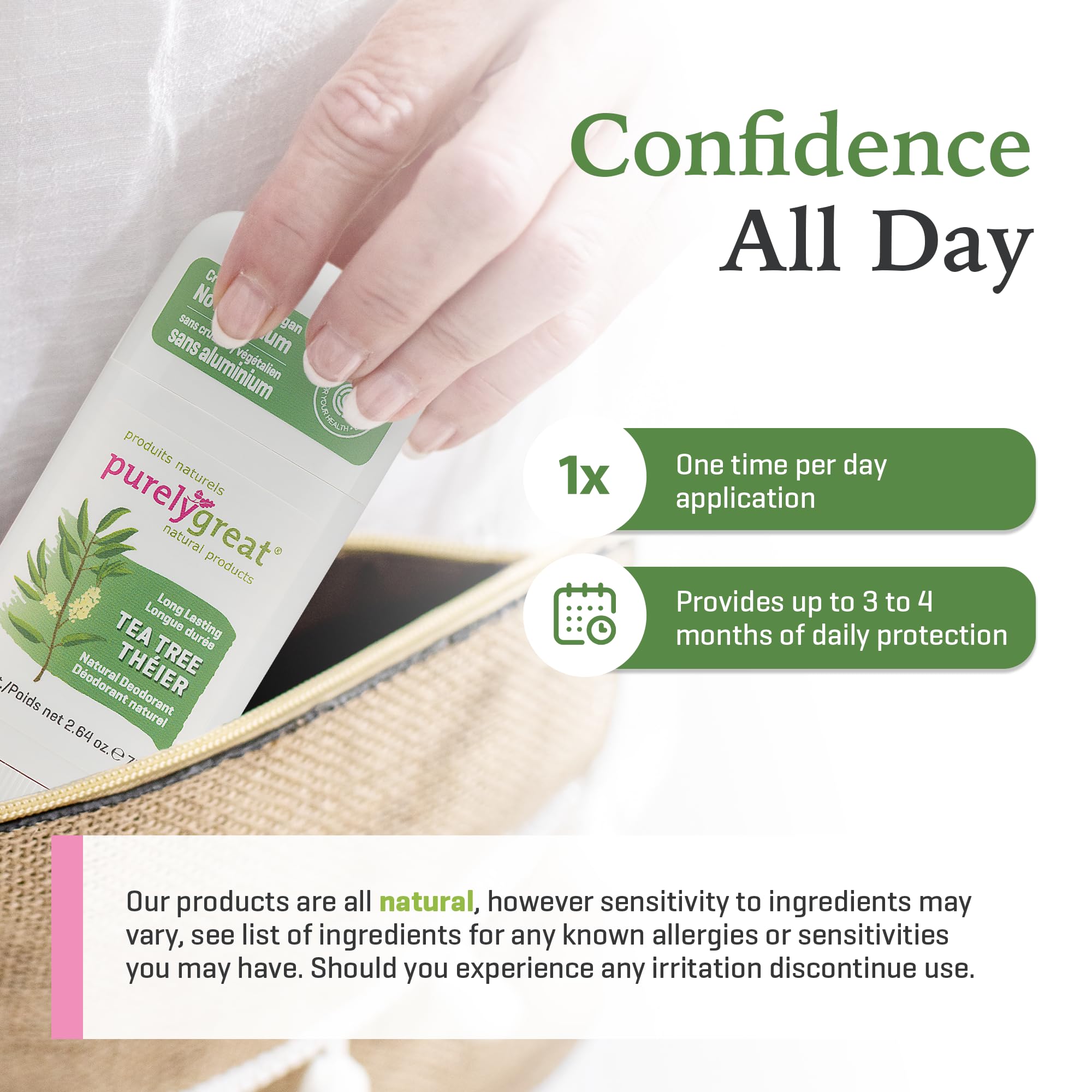 Purelygreat travel-case ready deodorant stick in compact package.
