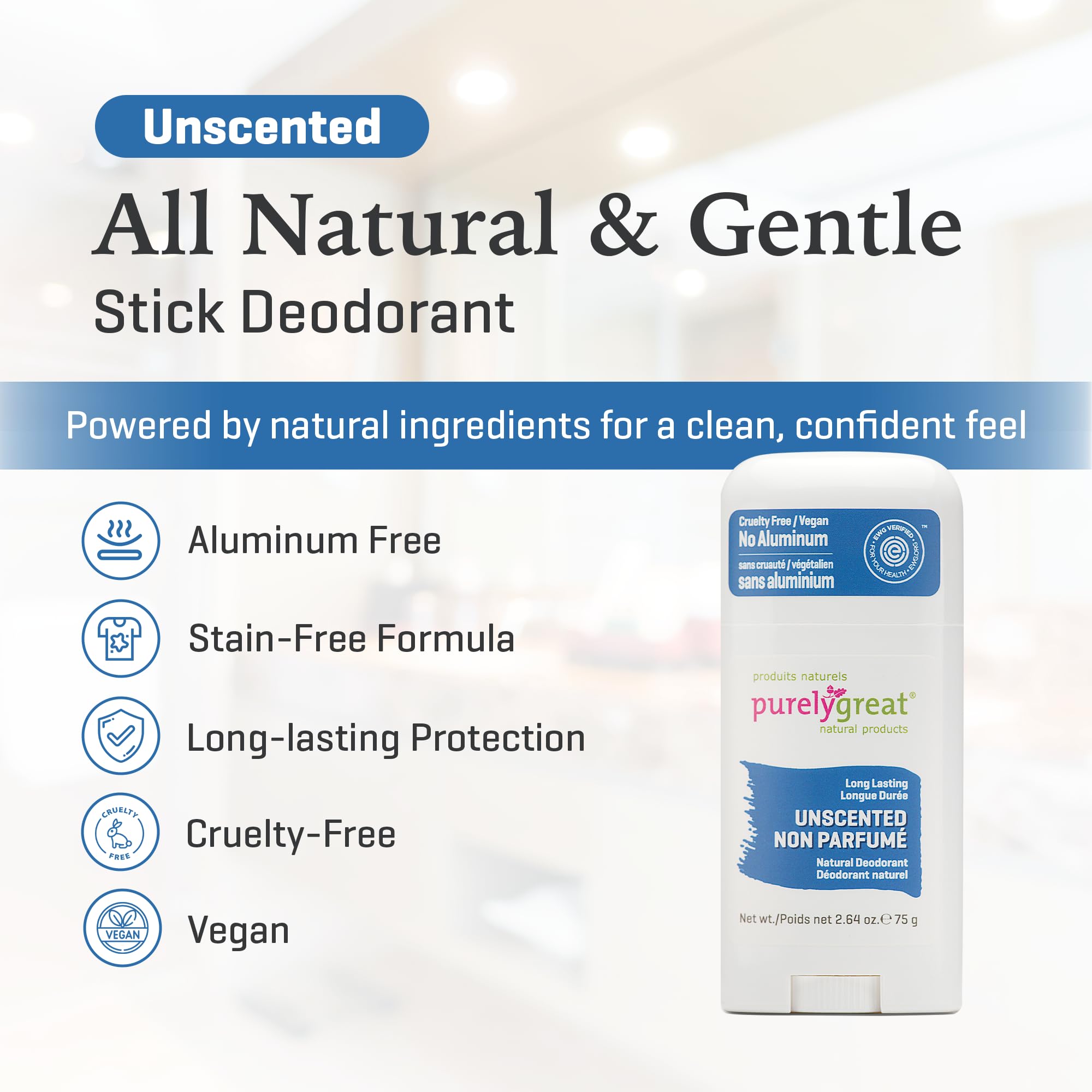 Purelygreat unscented deodorant stick close-up texture shows creamy formula.