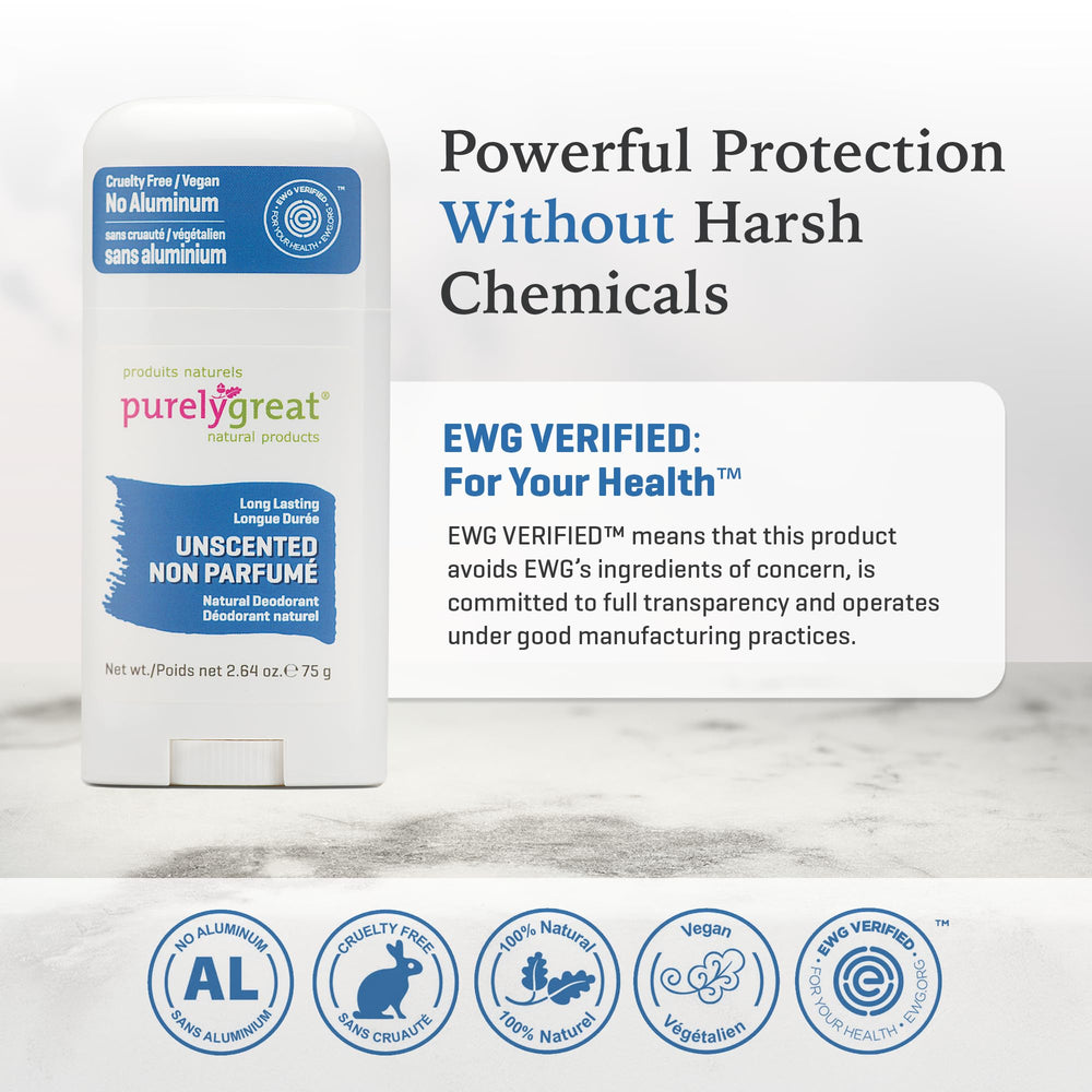 Purelygreat unscented deodorant stick packaging ideal for travel-on-the-go.