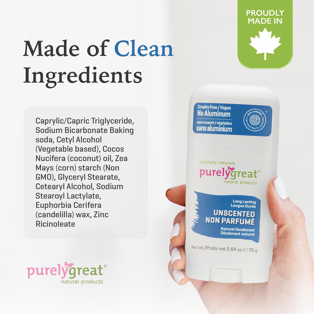 Purelygreat unscented deodorant stick underarm application in everyday use.