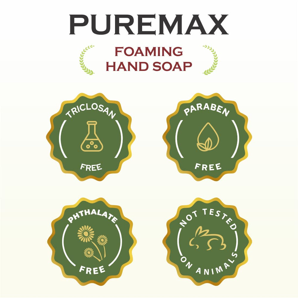 Puremax essential oils bottle beside soap suggests pleasant aroma.