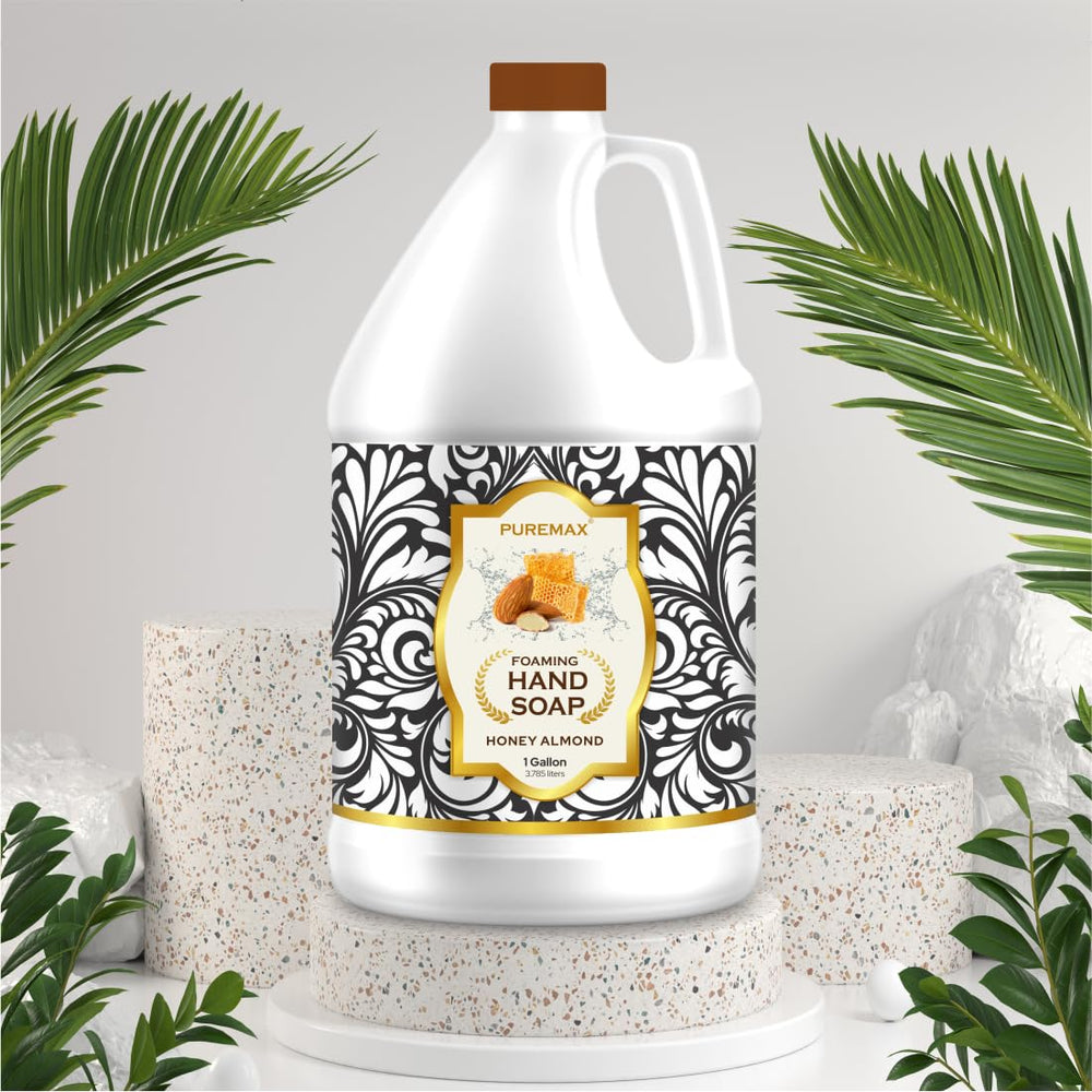 Puremax Honey Almond foam dispensing close-up shows thick, moisturizing foam.