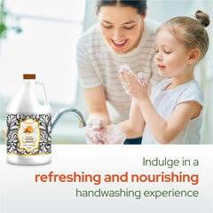 Puremax Honey Almond foaming hand soap gallon refill sits on counter for eco-friendly use.