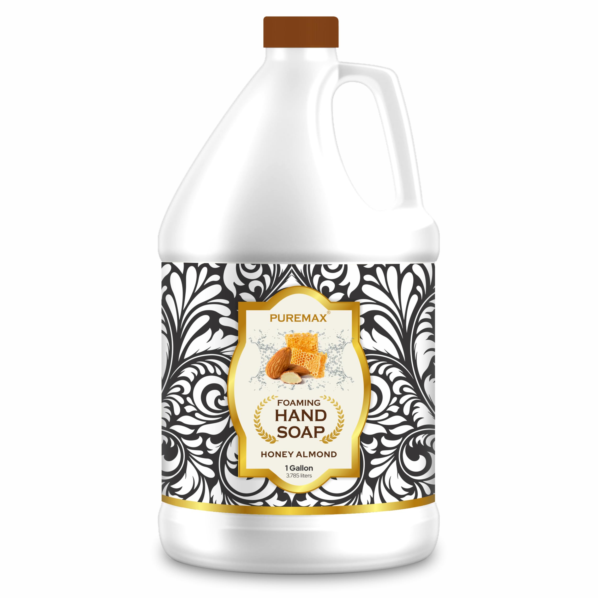 Puremax Honey Almond foaming hand soap pump with creamy foam for gentle cleansing.