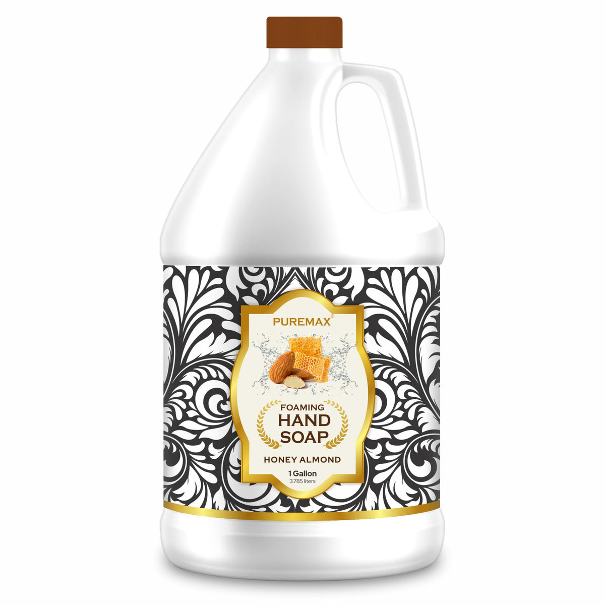Puremax Honey Almond foaming hand soap pump with creamy foam for gentle cleansing.