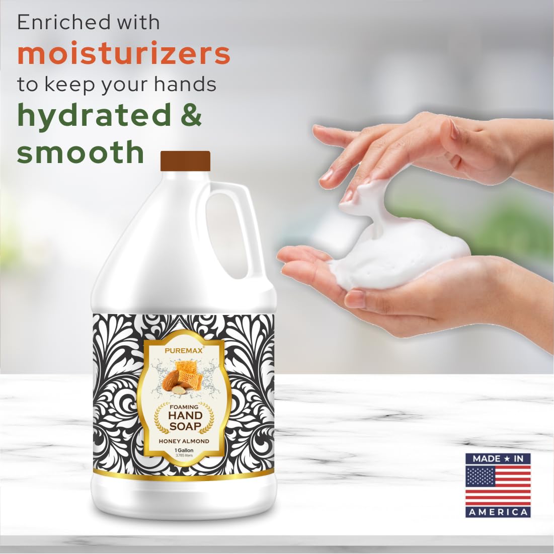 Puremax Honey Almond label highlights USA-made, biodegradable formula.