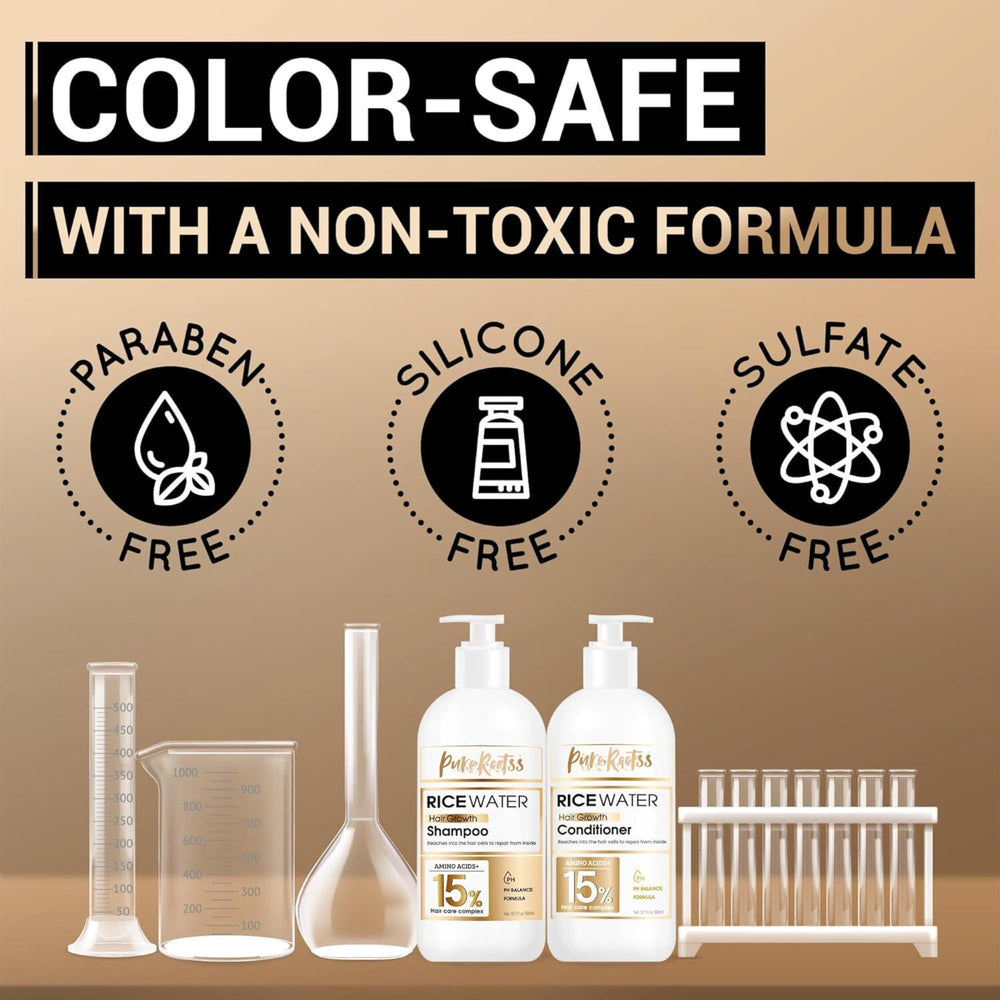 PureRootss Rice Water set displayed on bathroom shelf
