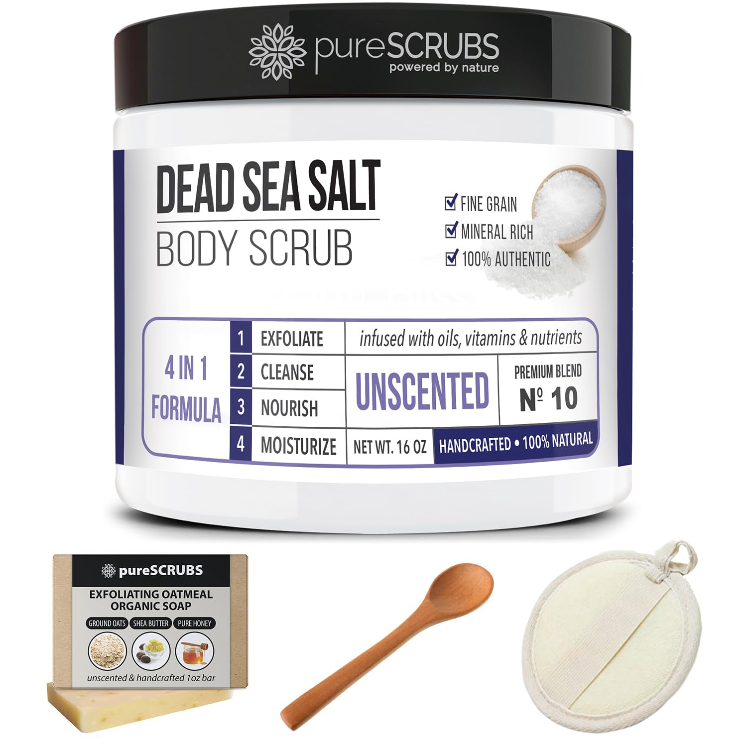PureSCRUBS complete body scrub set of spoon, loofah, and soap for routine care.
