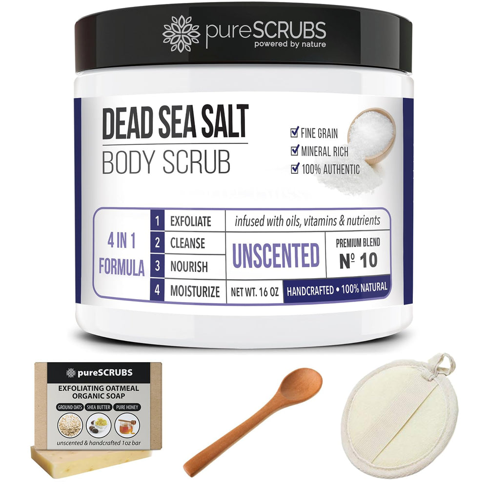 PureSCRUBS complete body scrub set of spoon, loofah, and soap for routine care.